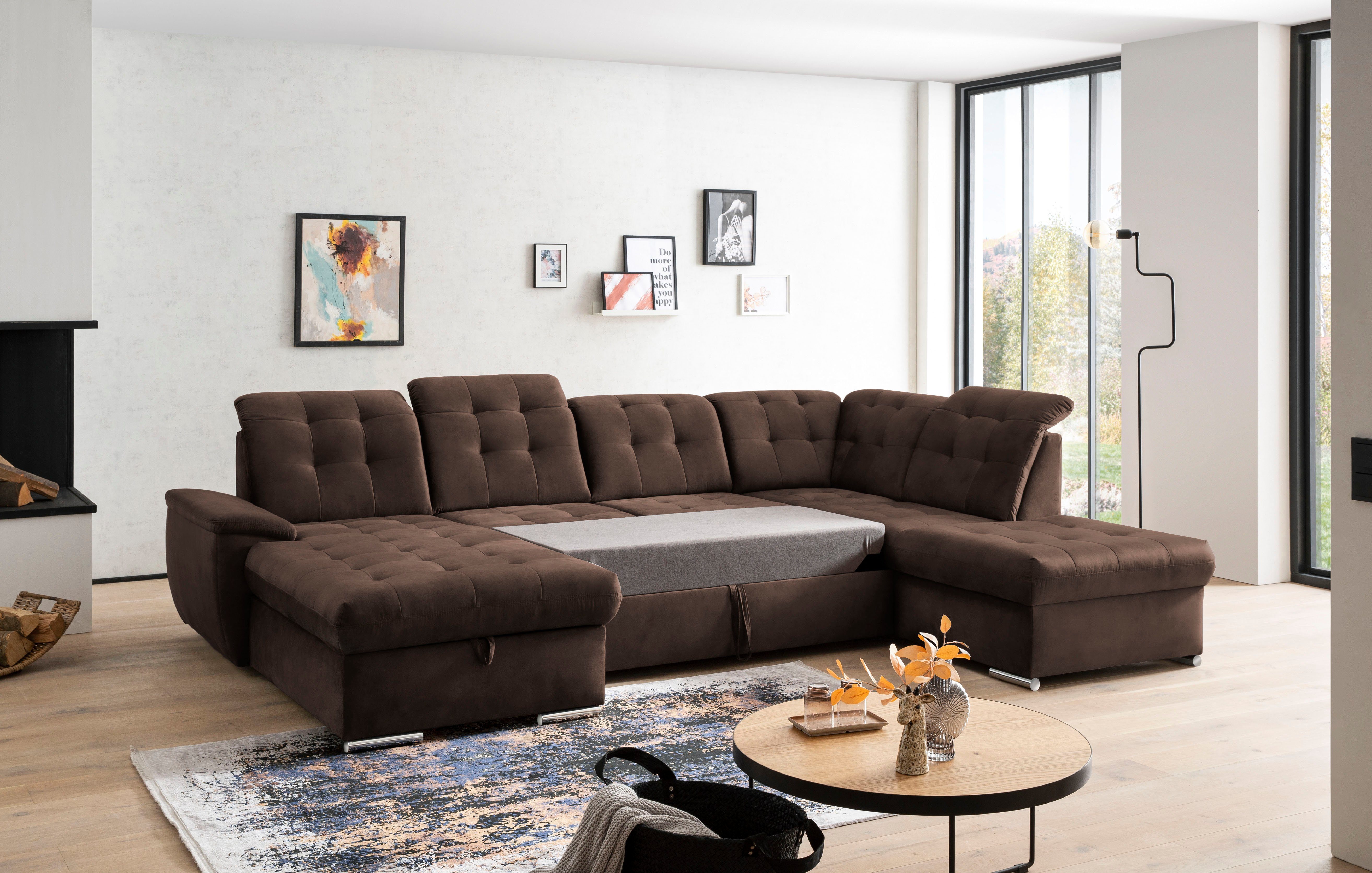 exxpo - sofa fashion Zithoek Durango, uitgebreide zit- en rugverwerking, comfortabel, U-vorm inclusief verstelbare hoofdsteun, naar keuze met slaapfunctie en bedkist (4-delig)