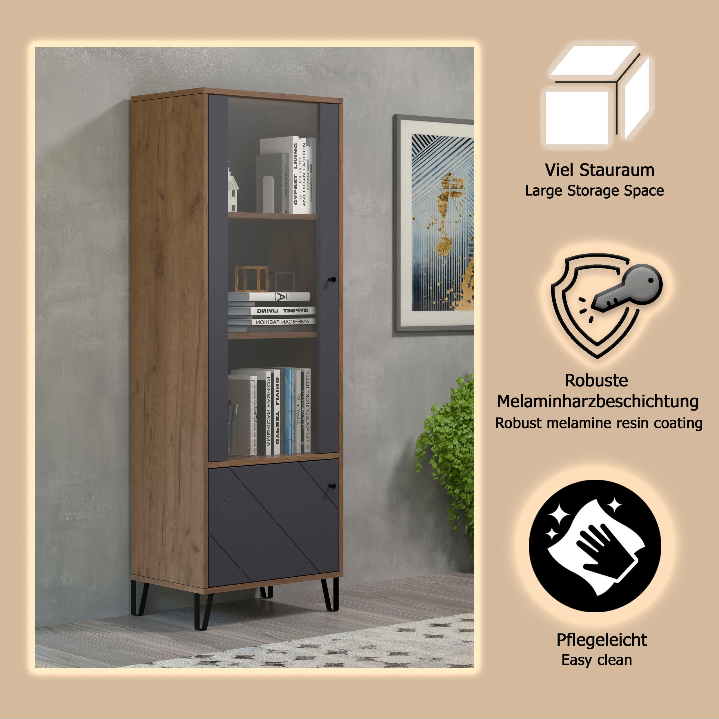 Places of Style Vitrinekast MOLVENO Woonkamer vitrine met voelbare grafiet vierkantlook - 63/40/172 cm (1 stuk)