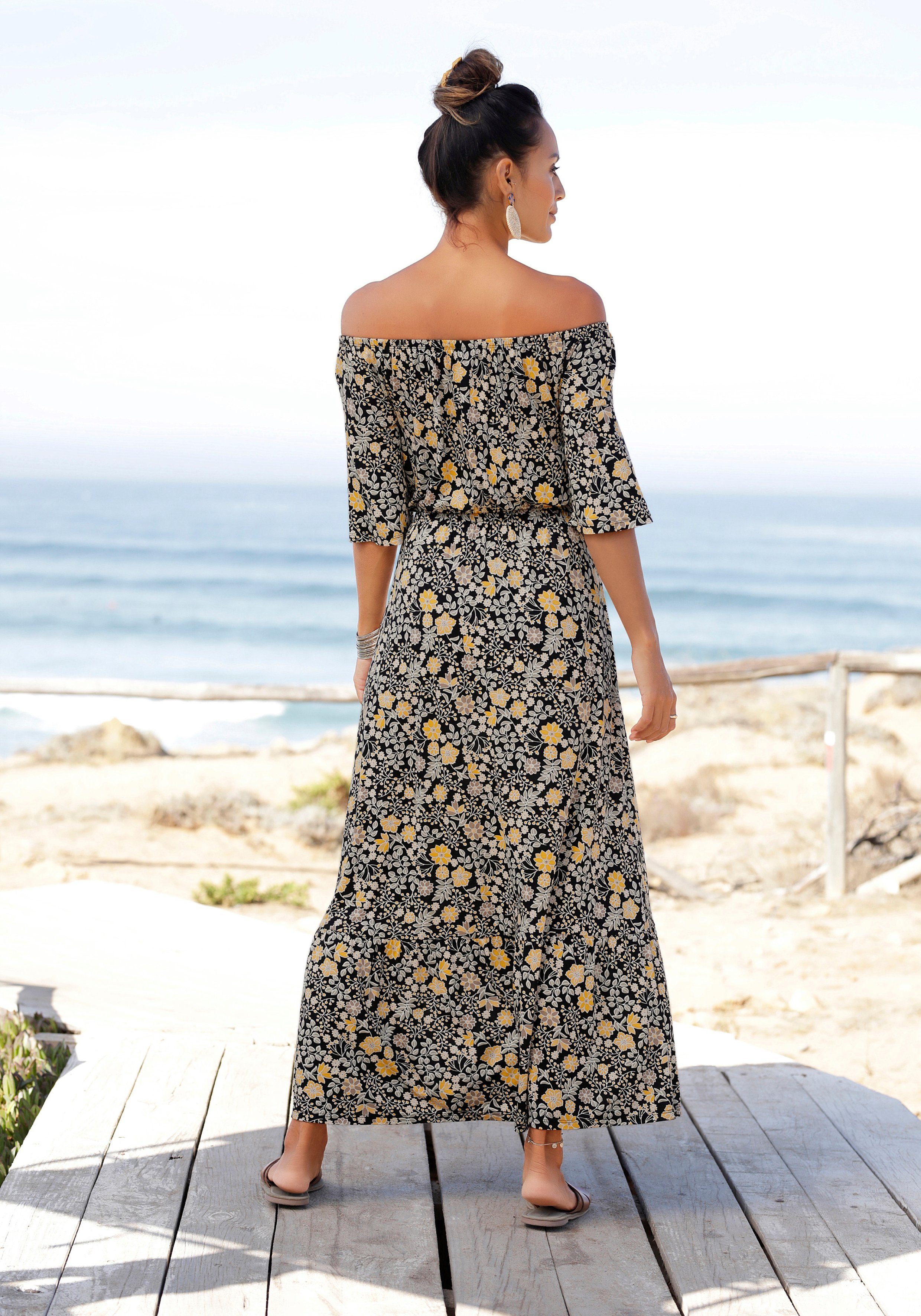 Lascana Maxi-jurk met bloemenprint en carmen halslijn, zomerjurk, strandjurk