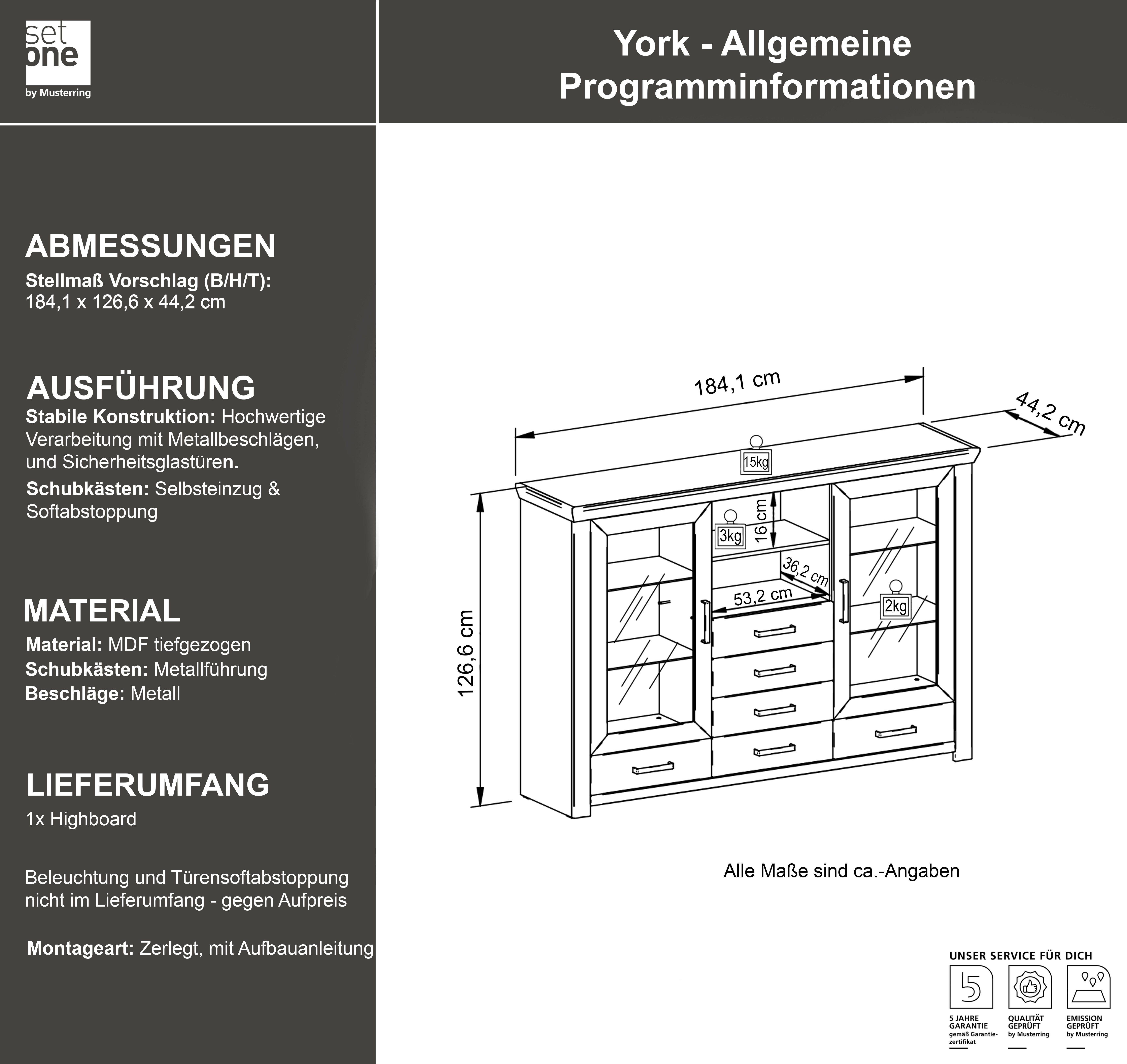 set one by Musterring Highboard York Type 56, met Glazendeuren, verlichting optioneel, B 184 cm