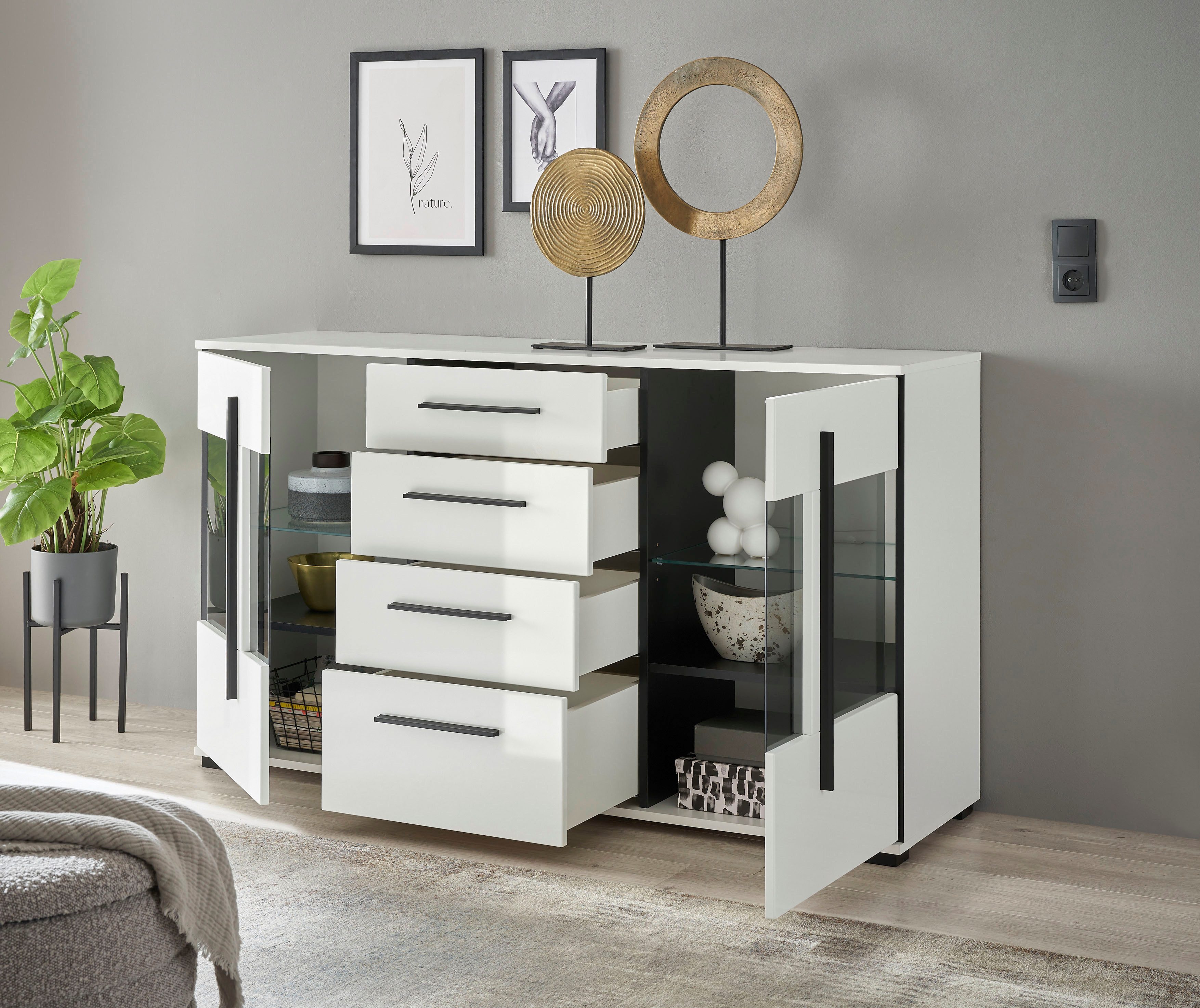 INOSIGN Dressoir Cantara, moderne kast, commode in Eiken Evoke of wit zwarte stanggreep, voldoende opbergruimte, veelzijdig inzetbaar