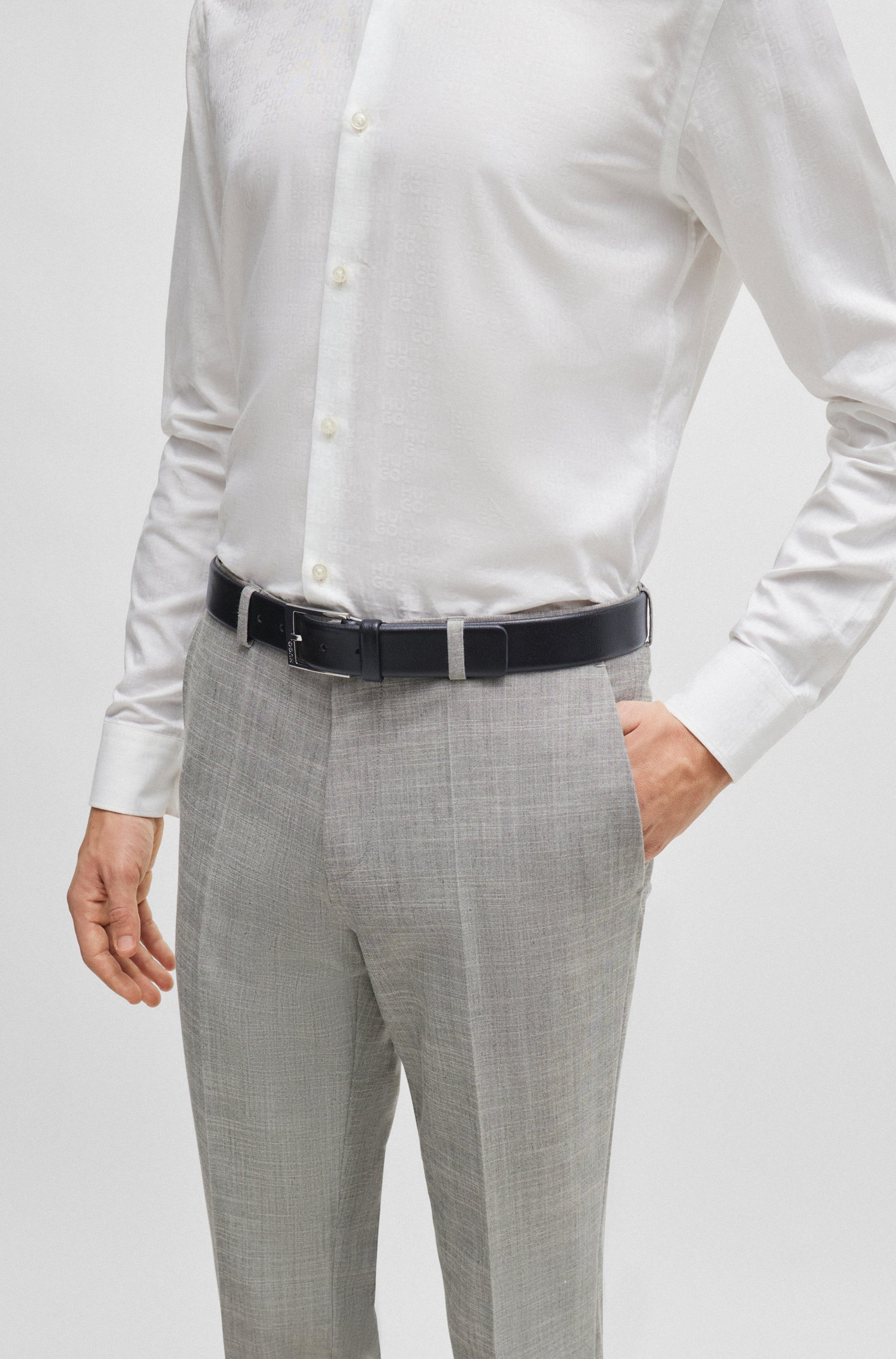 HUGO Leren riem geweven met logo-sluiting, glanzende zilverkleurige details
