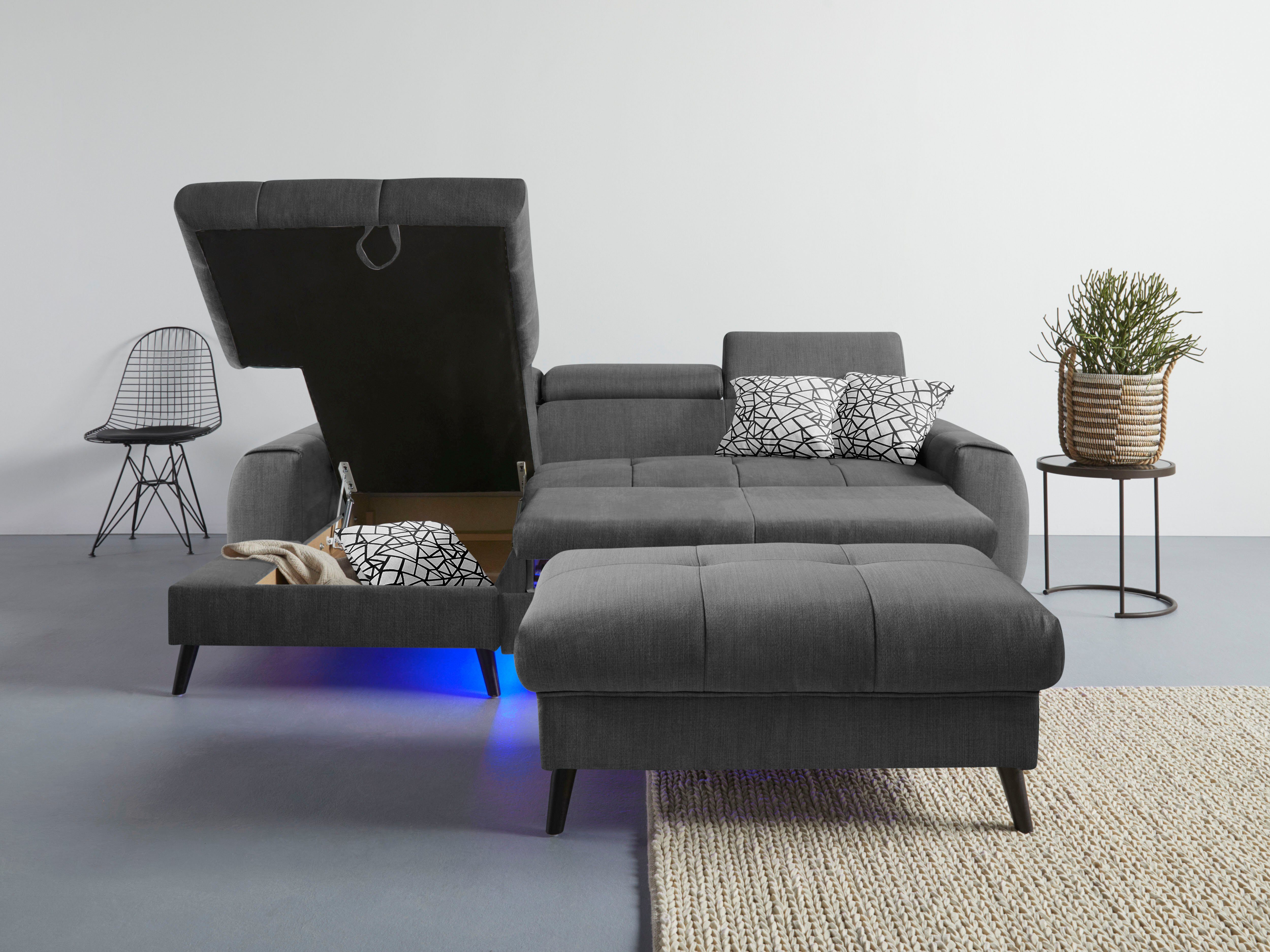 COTTA Hoekbank Mia L-vorm met 3 sierkussens 3-delige kussenset, récamier, naar keuze met of zonder rgb-verlichting