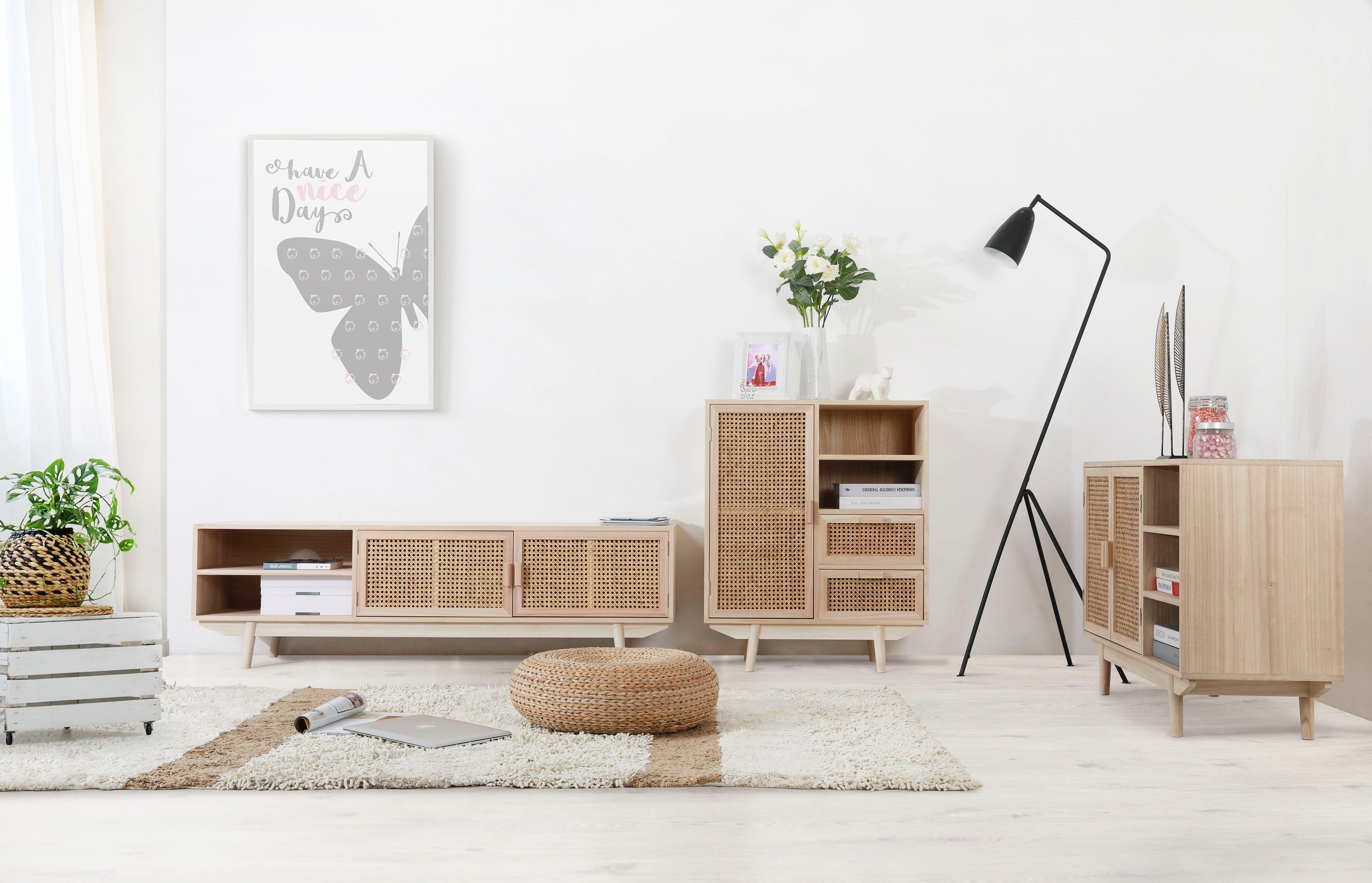 SalesFever Dressoir kast met deurfronten van rietweefsel, weens weefsel