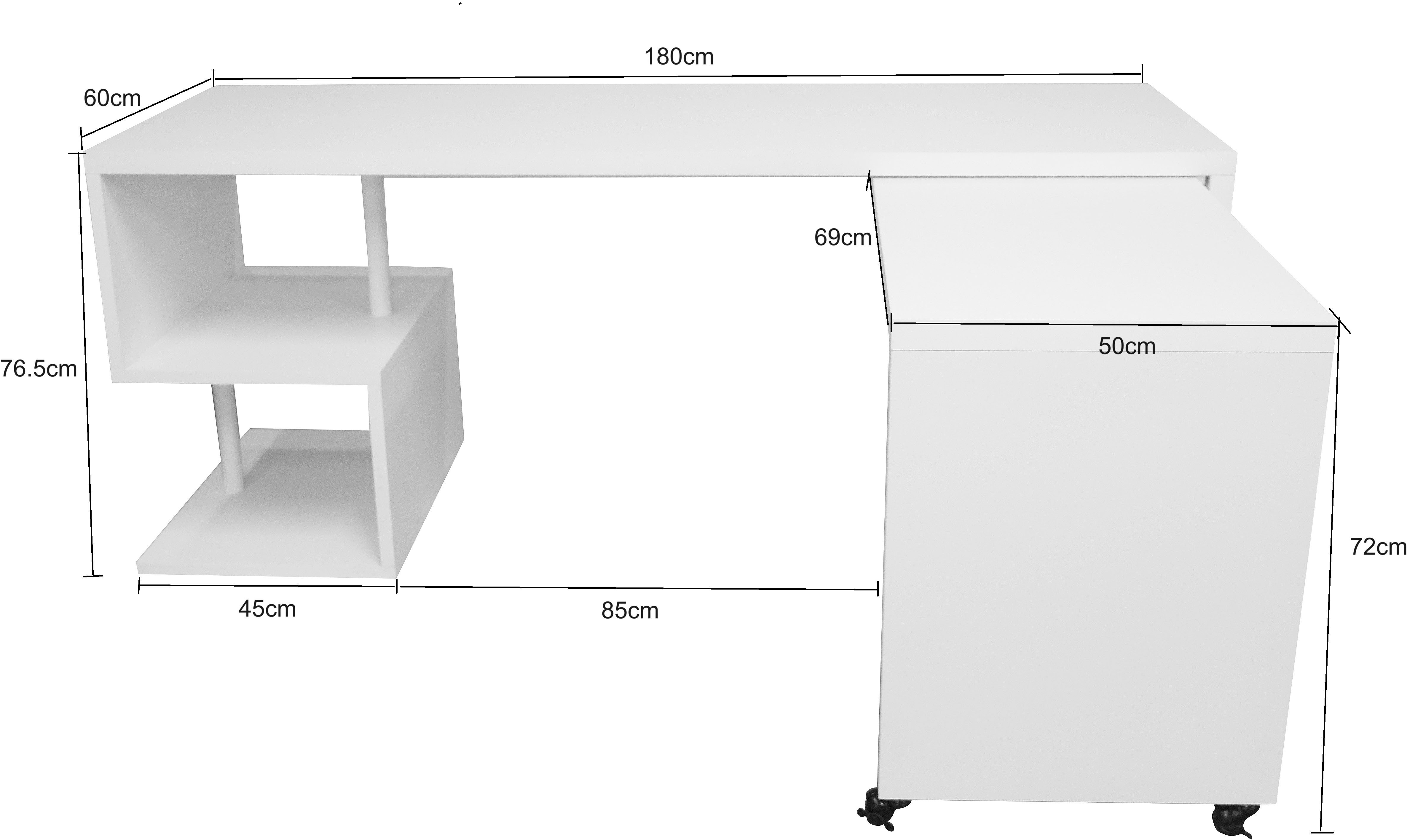 Places of Style Bureau Lopar, hoekbureau , rolbaar tafel-element, ruime werkruimte, hoek 180x129 cm
