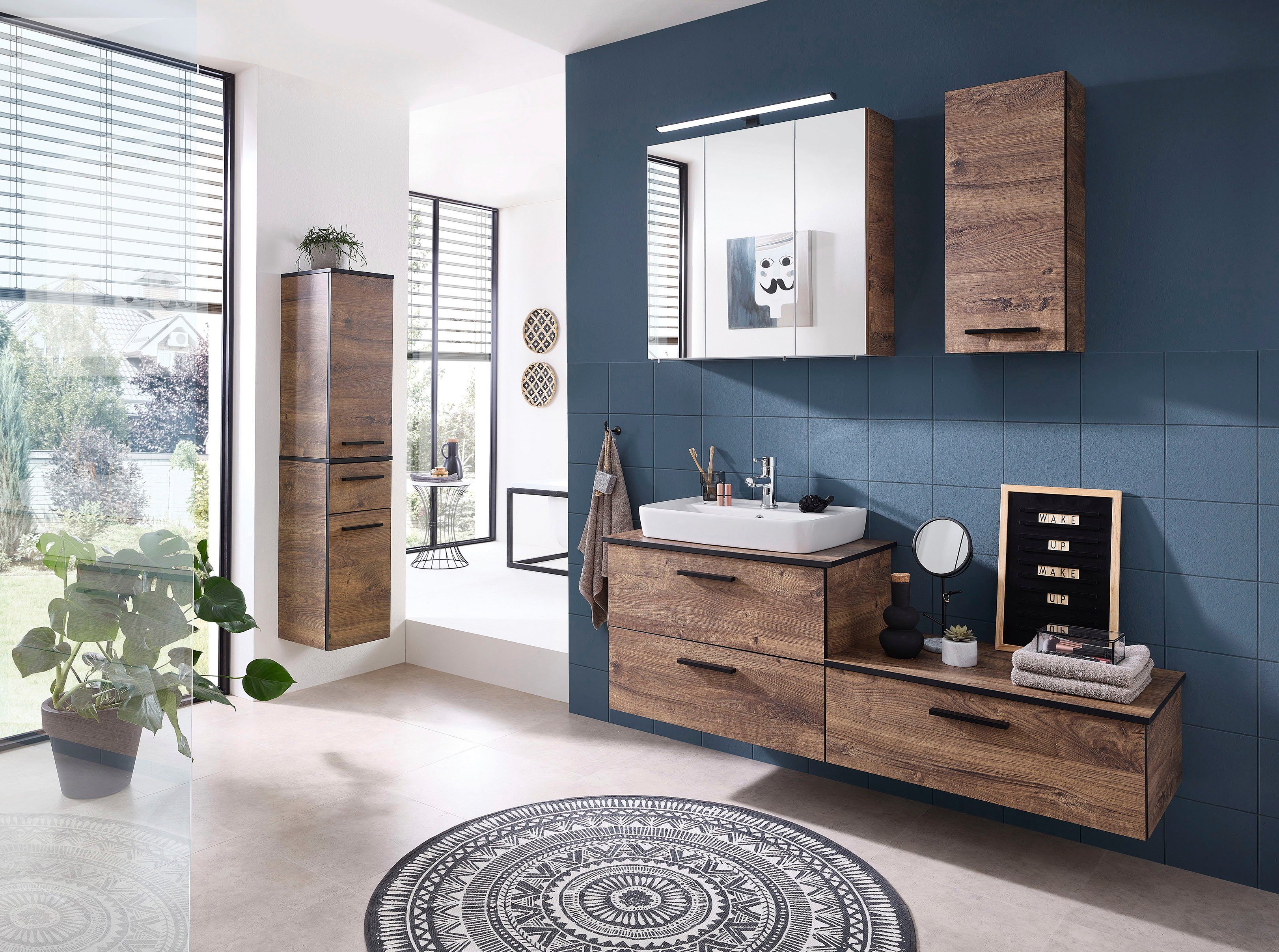 Saphir Badkamerserie Quickset 374 6-delig keramische opzetwasbak met LED-spiegelkast Onderkast, halfhoge kast, hangend kastje, inclusief deurdemper, 6 deuren (8-delig)