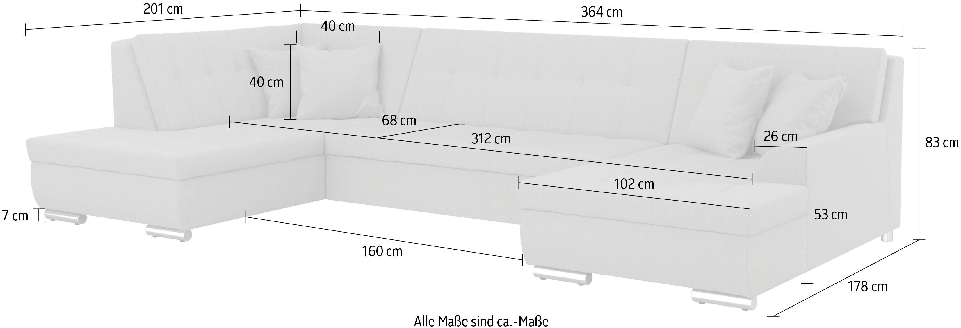 DOMO collection Zithoek Treviso inclusief sierkussen, moderne stiksels, XXL: B/D/H: 364/201/83 cm naar keuze met slaapfunctie, in vele soorten bekleding ook in cord u-model