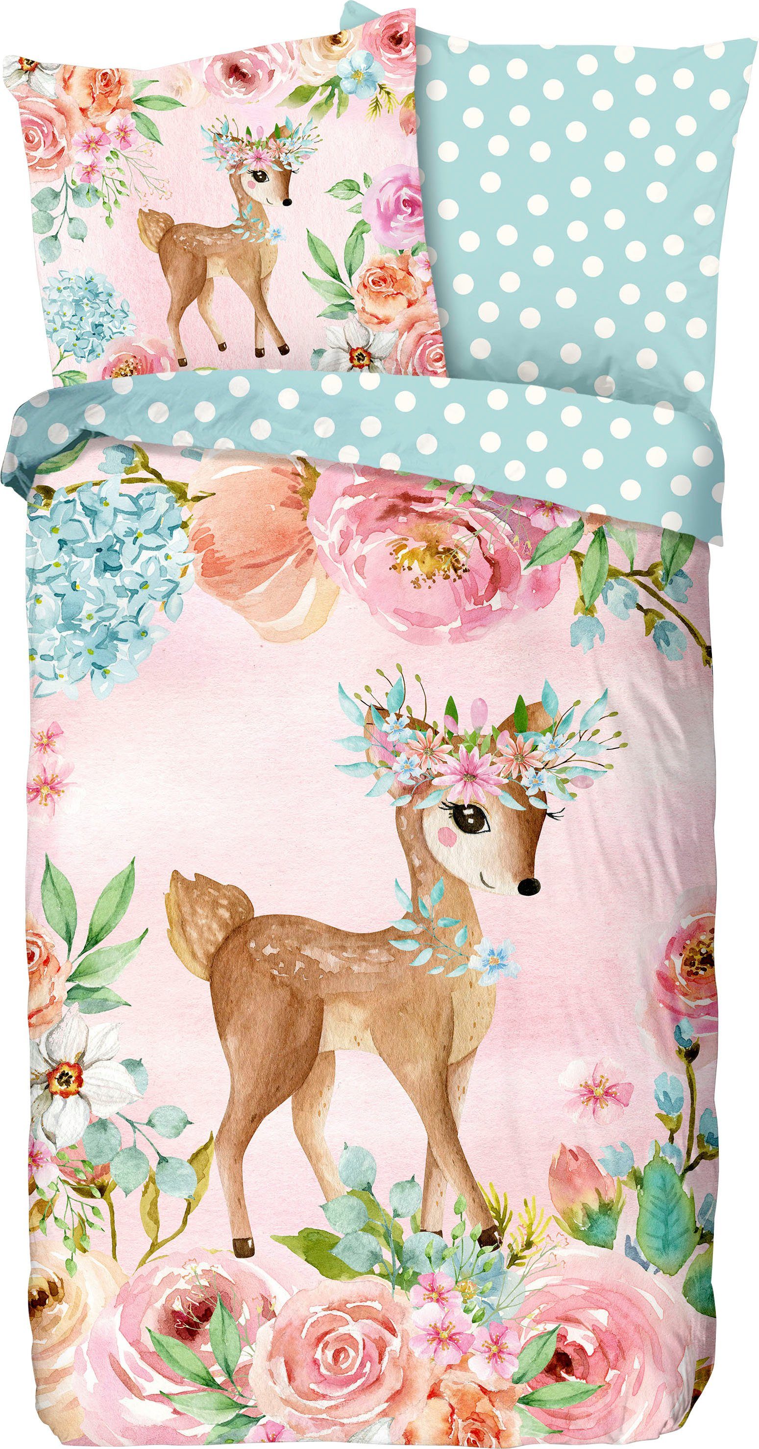 good morning Kinderovertrekset Sweet2 Katoen, 135x200, Rits, Omkeerbaar, Kind, Meisje, Hert, Roze (2-delig)
