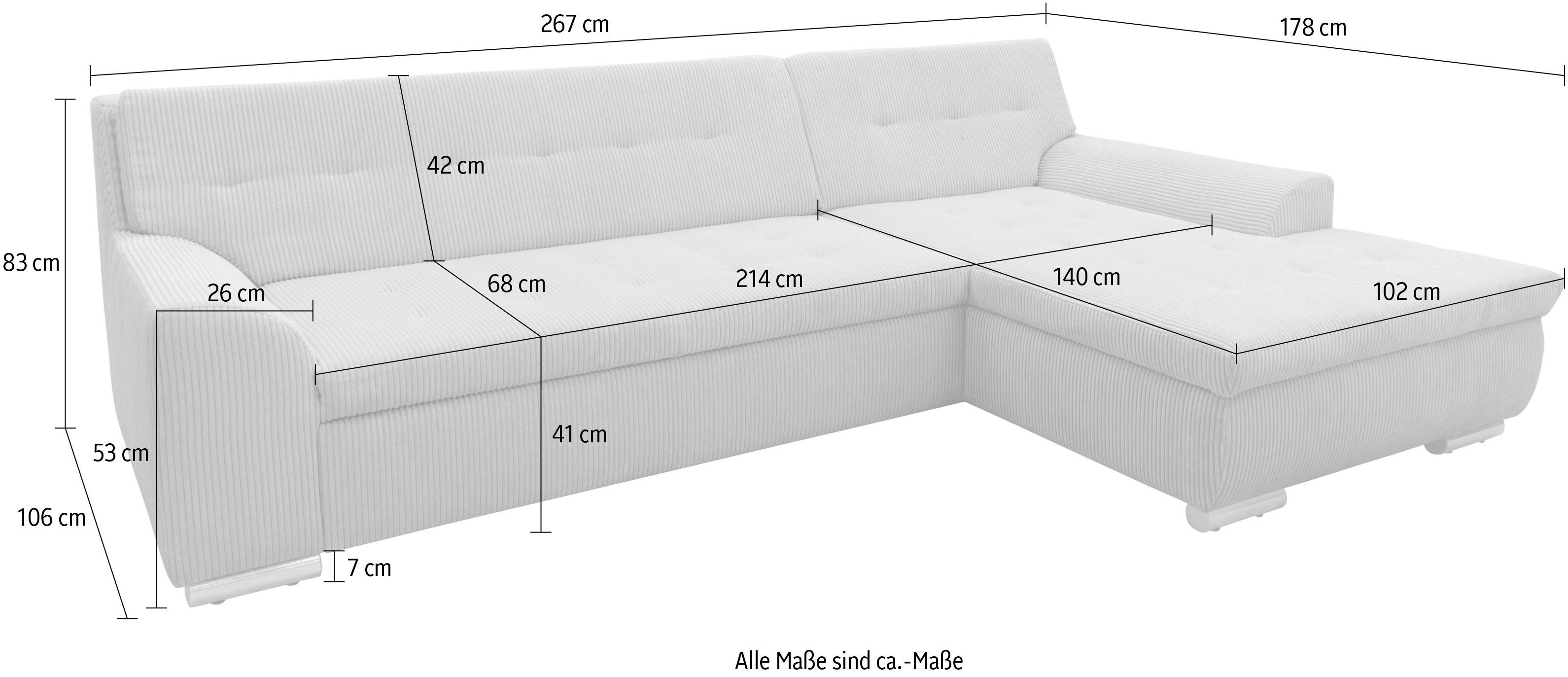 DOMO collection Hoekbank Treviso veel bekledingen, ook in cord, L-vorm, B/D/H: 267/80/83 cm optioneel met slaapbank functie, incl. sierkussens, hoogwaardig doorgestikt patroon