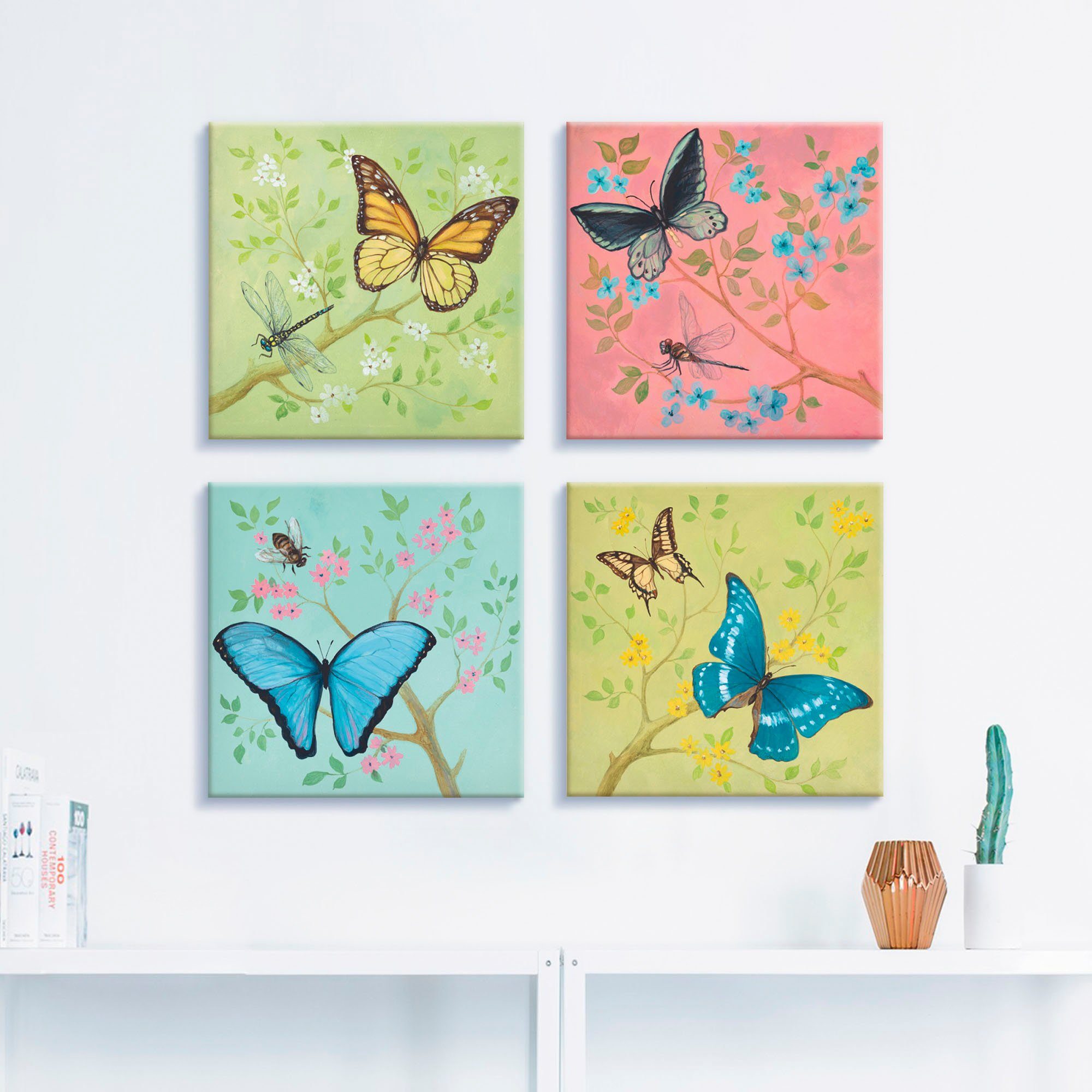 Artland Artprint op linnen Vlinders pastel set van 4, verschillende maten (4-delig)