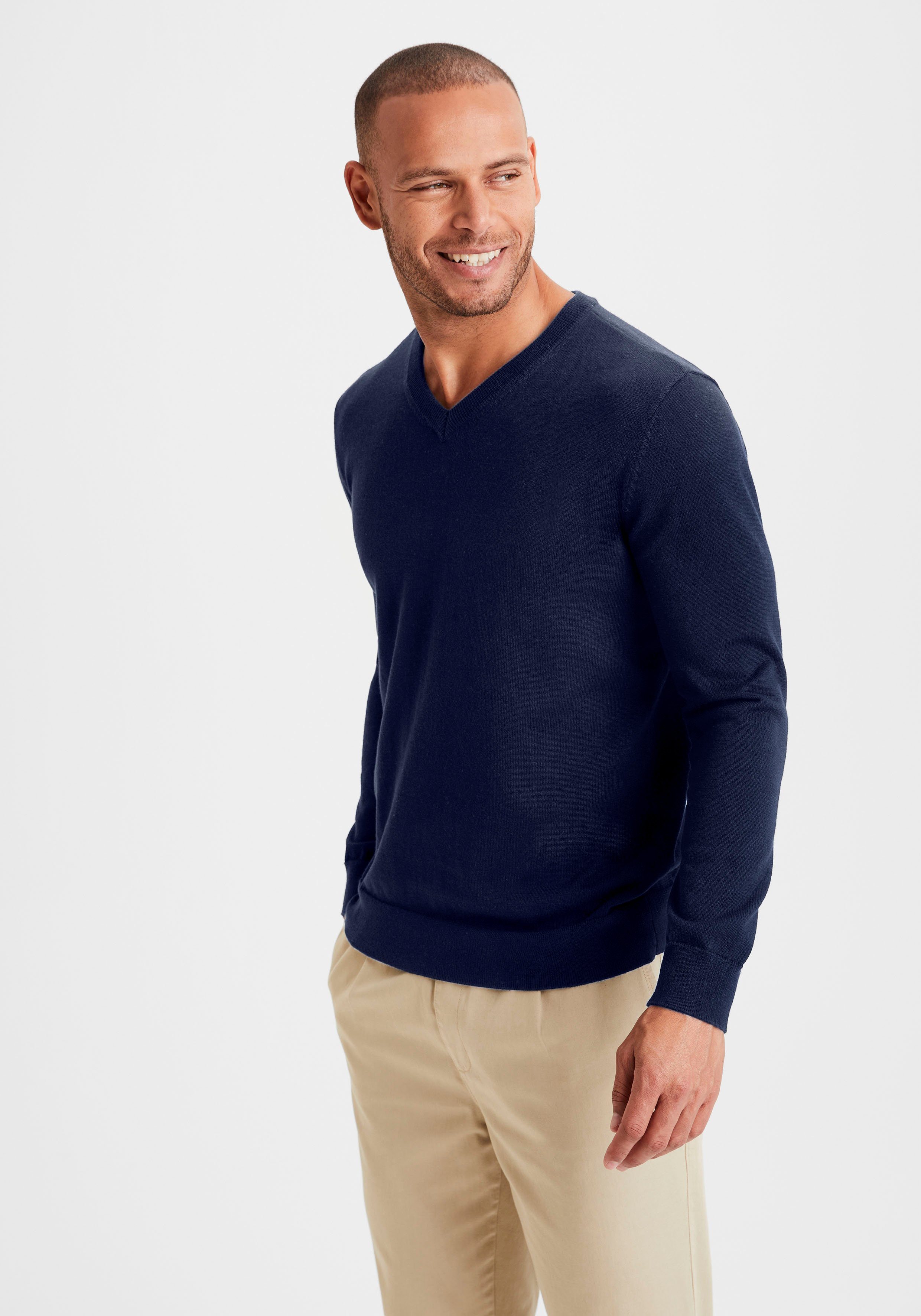 H.I.S Gebreide trui met v-hals, pullover van fijn breiwerk, katoenmix