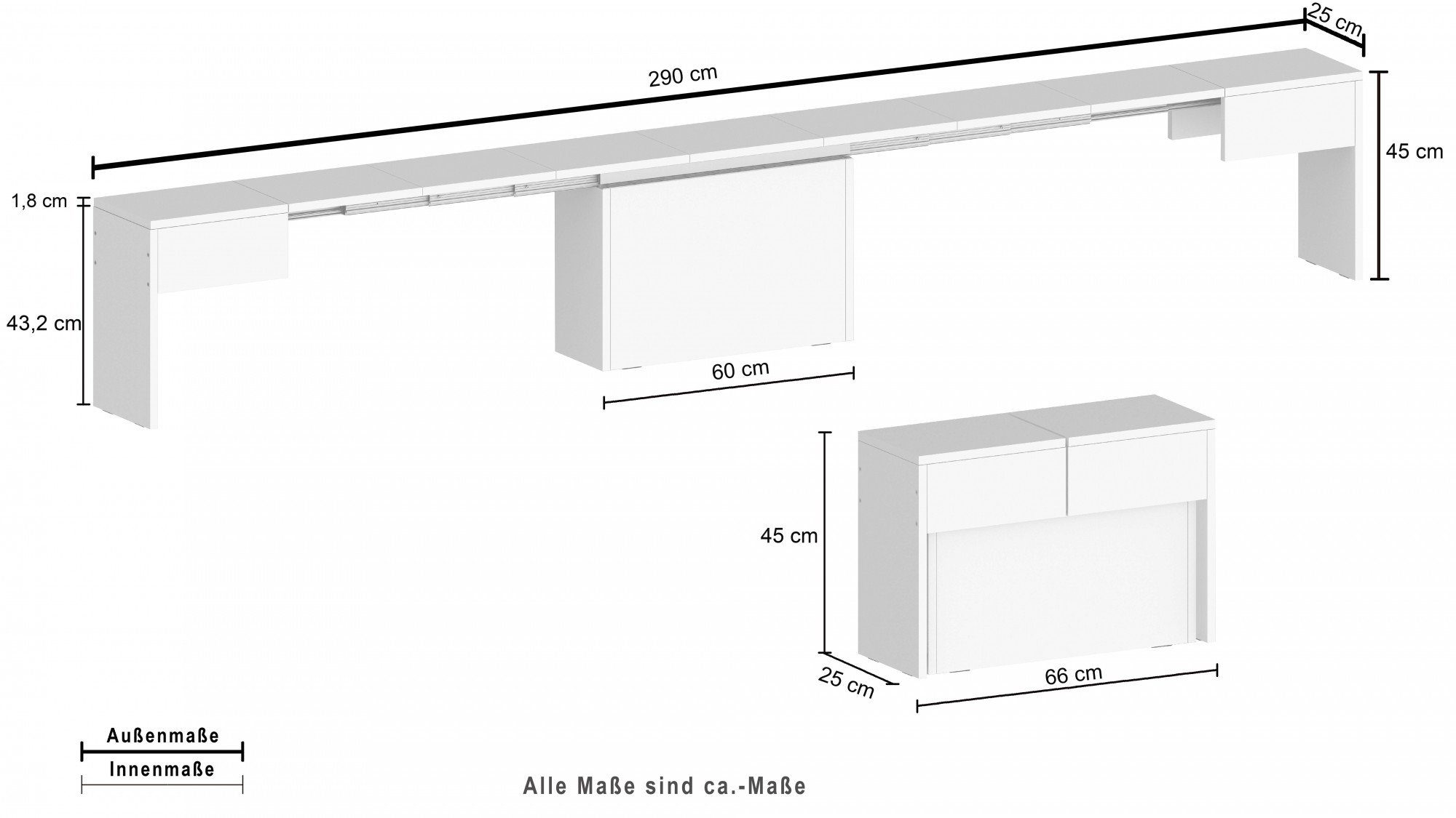 INOSIGN Zitbank Praktika, Zitbank, Bank met uittrekfunctie, uittrekbaar van 66 naar 290 cm (1 stuk)