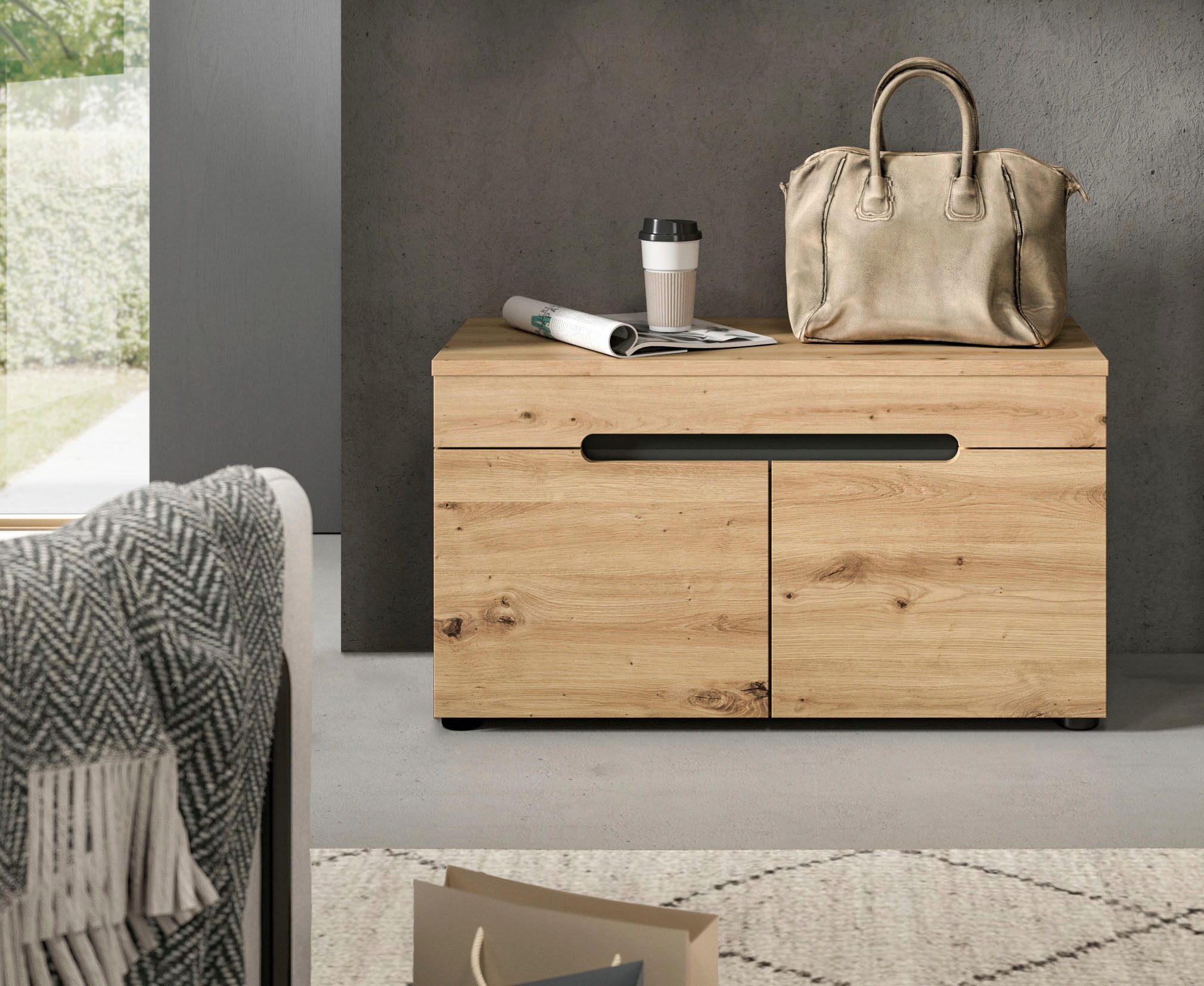 INOSIGN Zitbank Rehat, breedte 80 cm, in basalt grijs/Artisan eiken, 2 deuren Garderobenbank, halbank, gangbank, bank met opbergruimte, bank