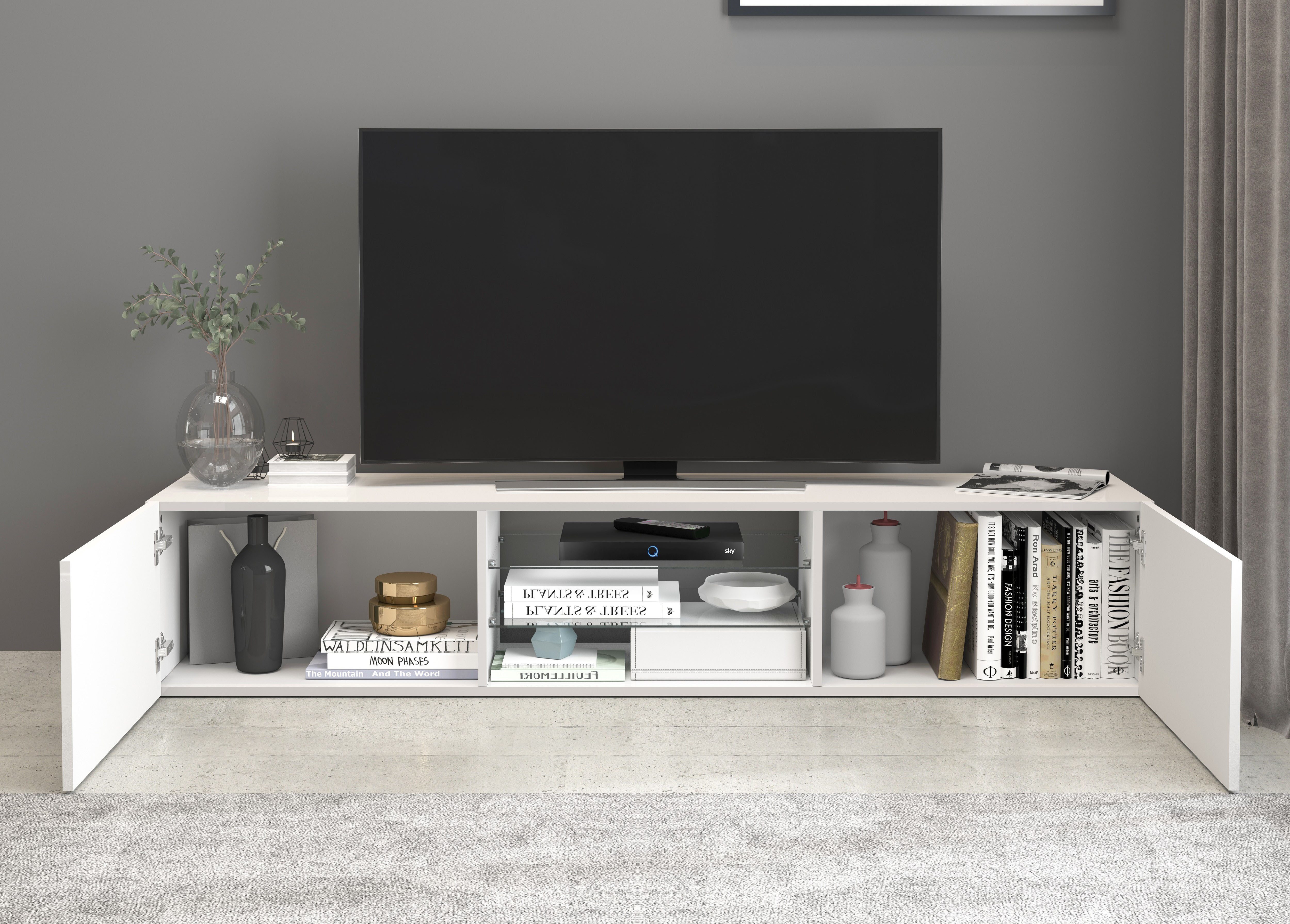 INOSIGN Tv-meubel Egypt, Lowboard, TV-ladekast, TV-meubel, TV-bank met 2 kleppen, 2 glazen planken, volledig hoogglans gelakt (b/d/h) 180x38x35 cm