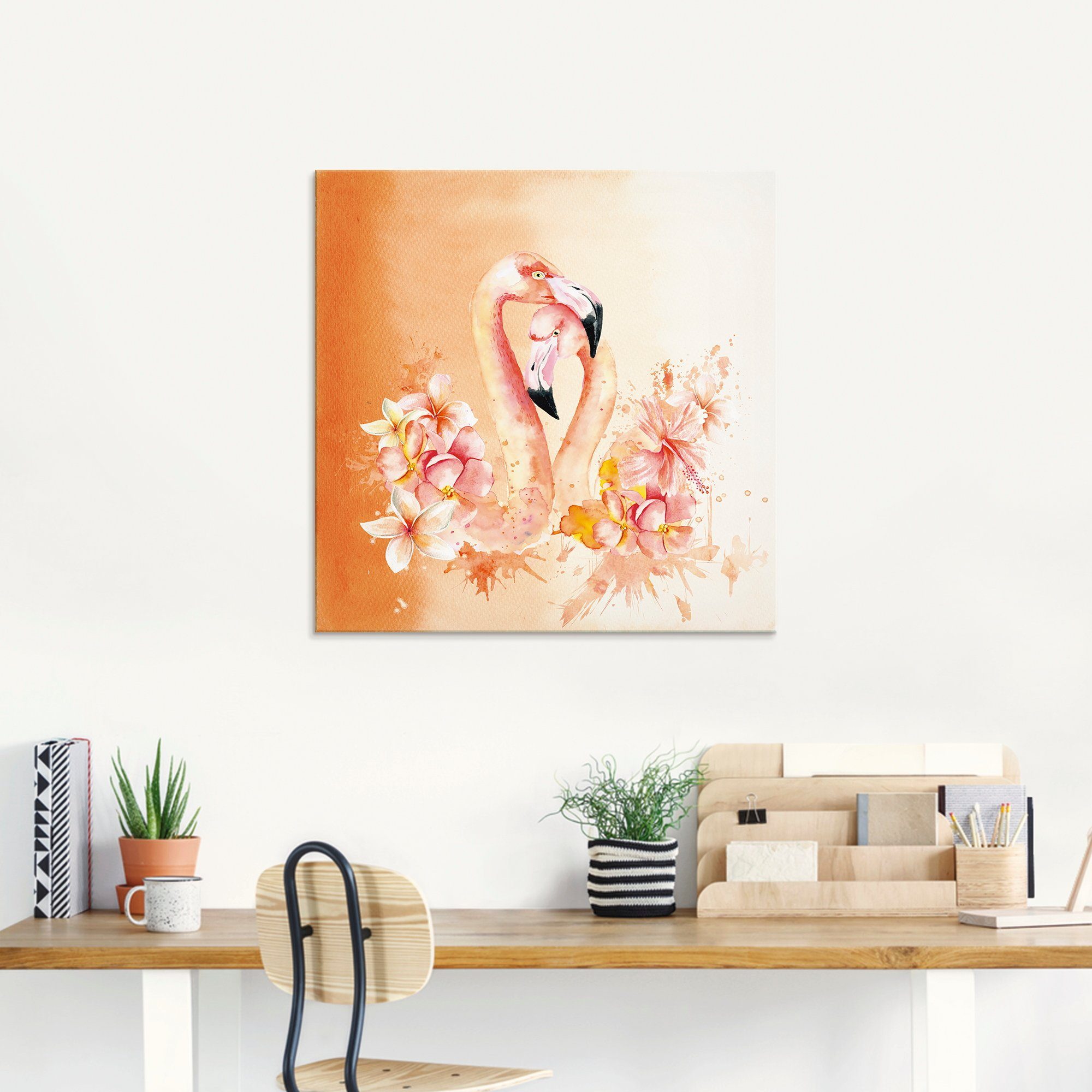 Artland Print op glas Oranje flamingo In Love- illustratie
