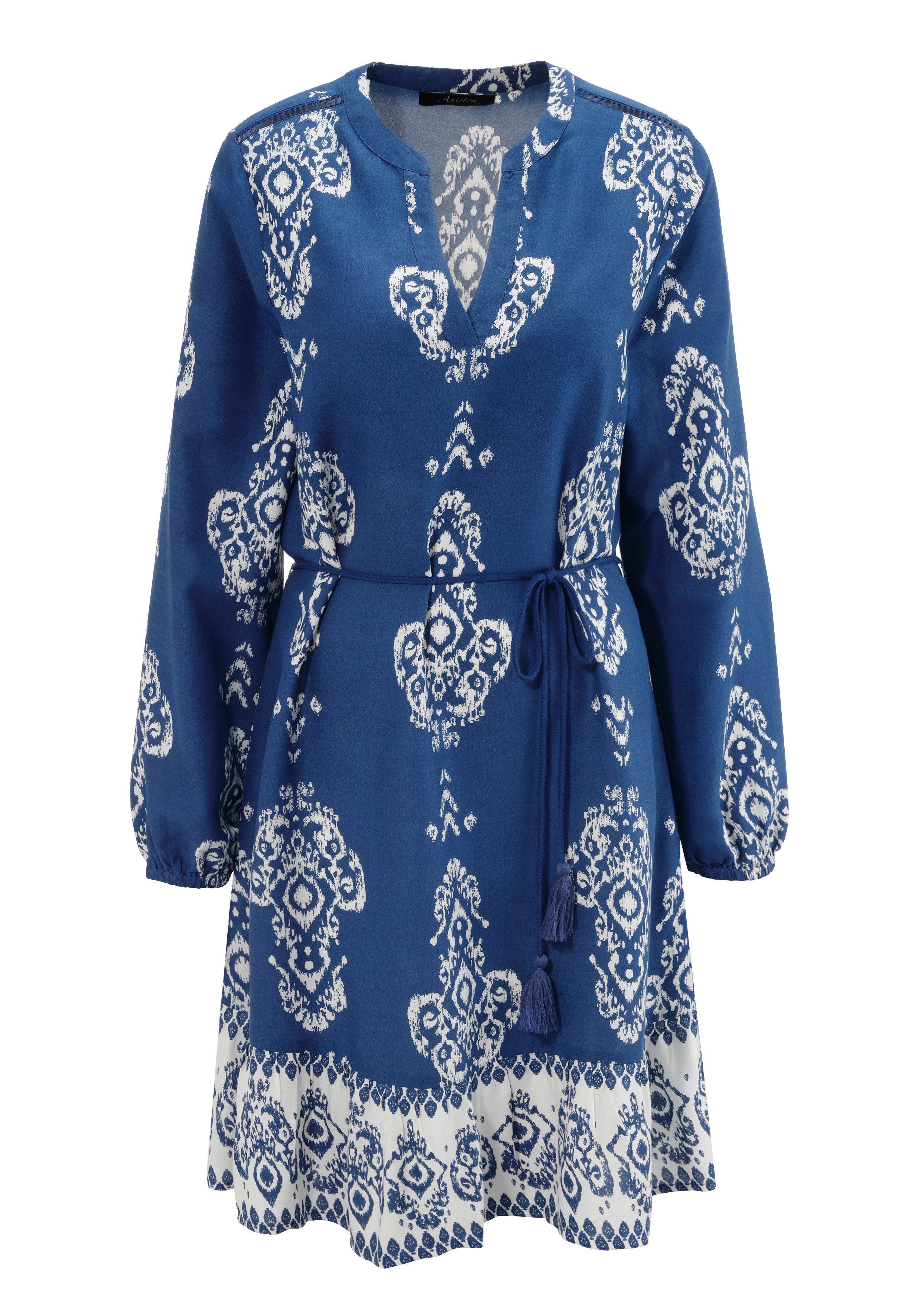 Aniston CASUAL Tuniekjurk met ornamentprint en omgekeerd volant - nieuwe collectie (Met afneembare koordbindband)
