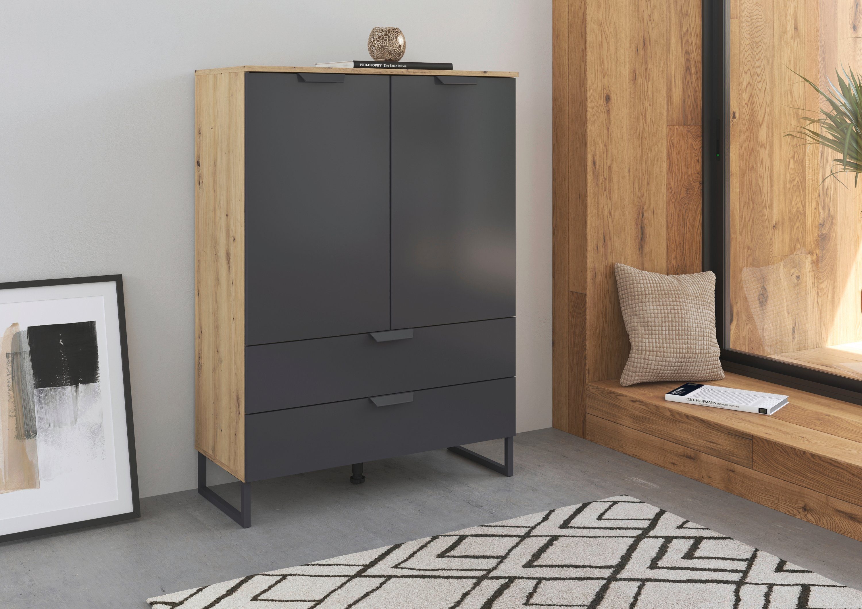 rauch Hoge kast Dark&Wood by Aditio in industriële stijl met beugelpoot, 2 laden met soft-closefunctie