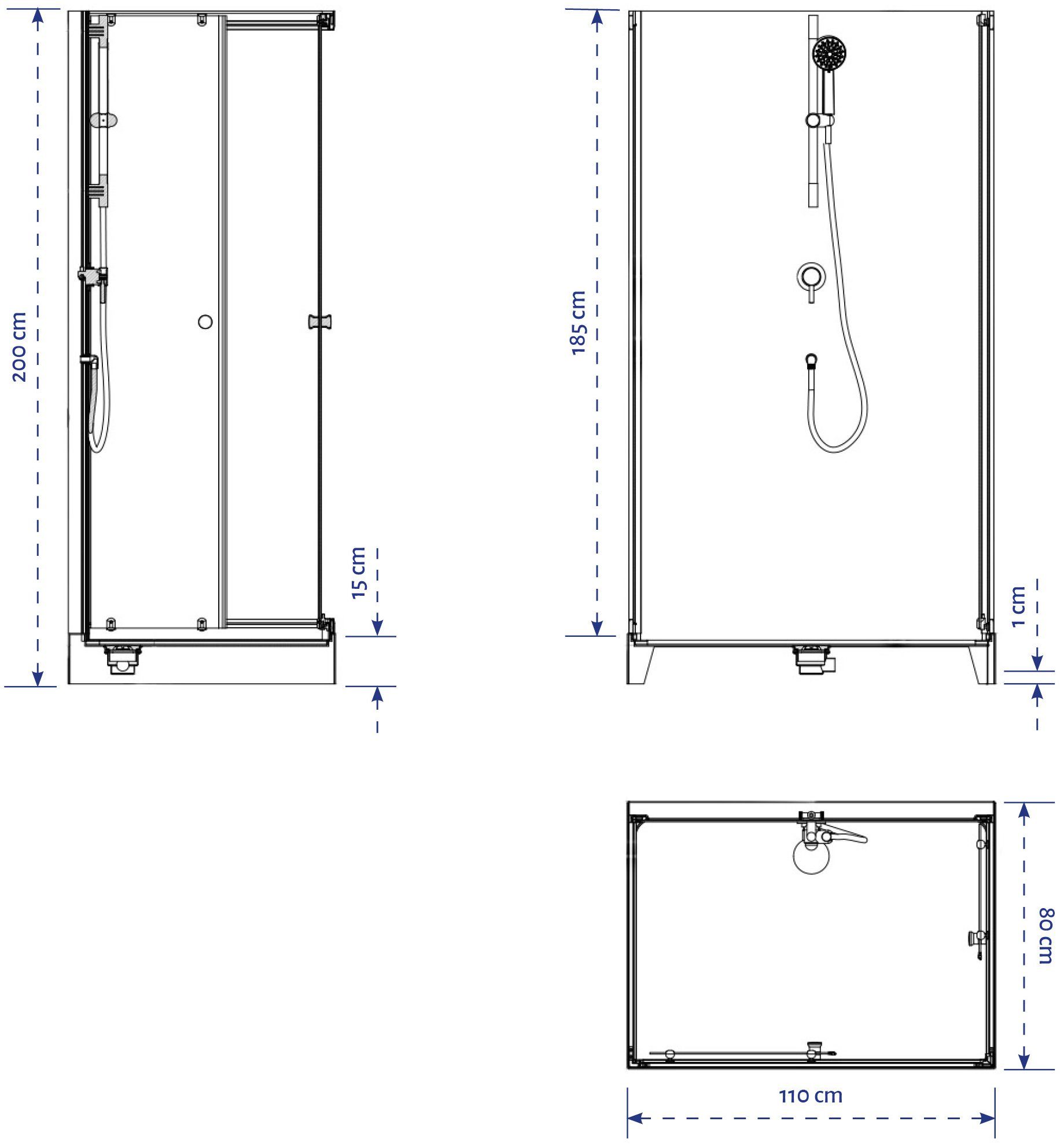 Marwell Complete douche Black and White inclusief kranen, 110 cm x 80 cm