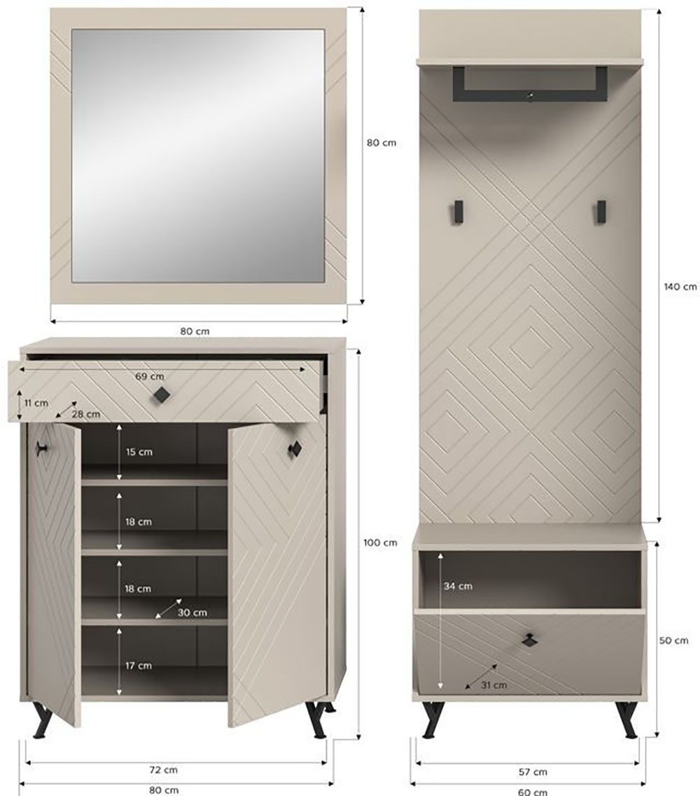 INOSIGN Halmeubelset Mento, 4-delig, ornamentfrezing in de front, bestaande uit: Commode, spiegel, zitbank & garderobenpaneel, metalen handgrepen & voeten (set, 4-delig)