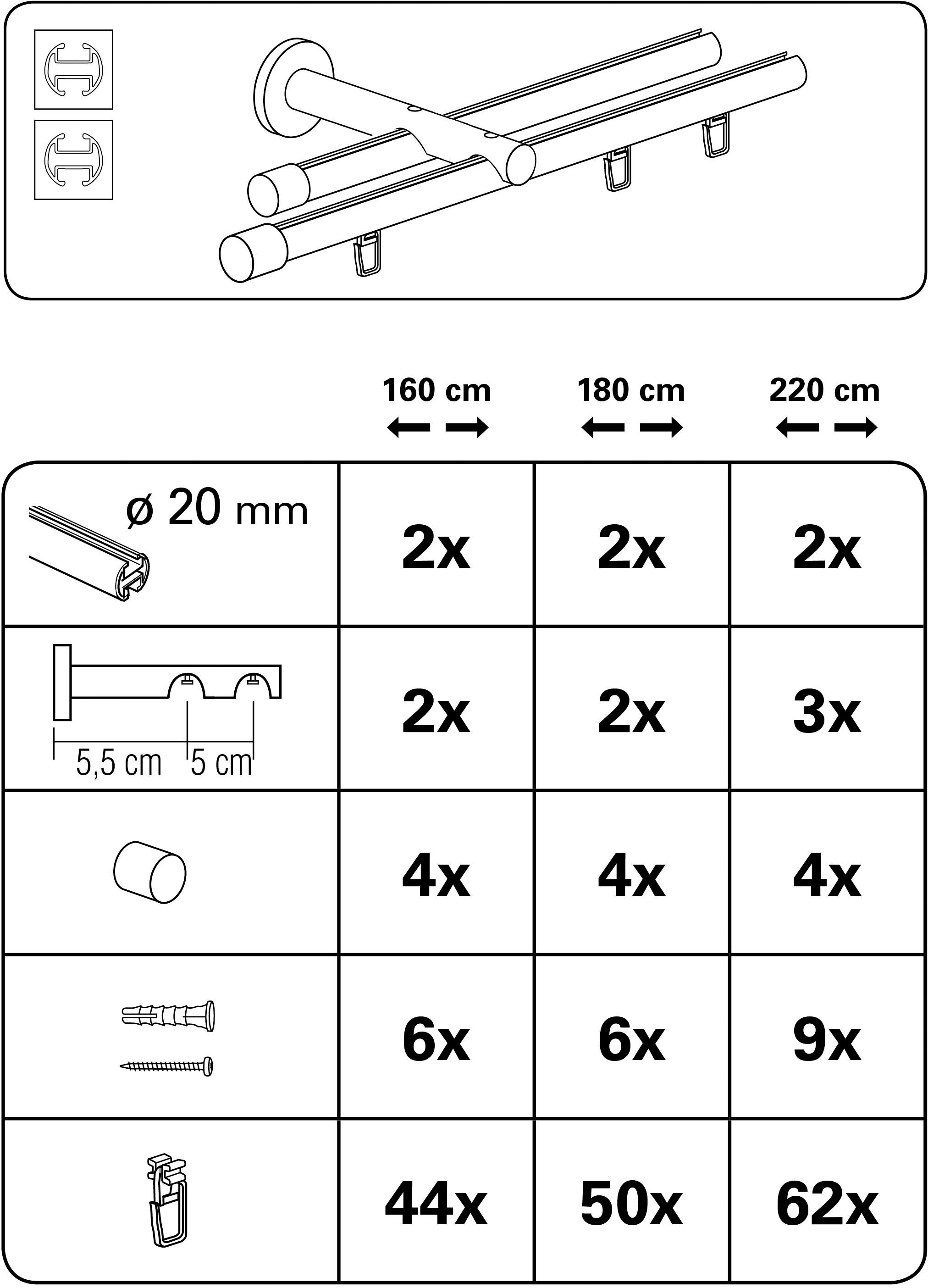 GARDINIA Gordijnroede Set Isa 2-rails met binnenloop II Ø 20 mm (1 stuk)