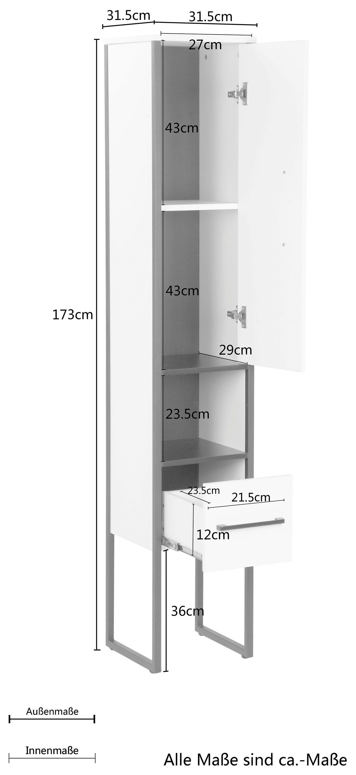 welltime Smalle kast Paris premium badkamermeubel, breedte 31,5 cm, hoge kast, loft design