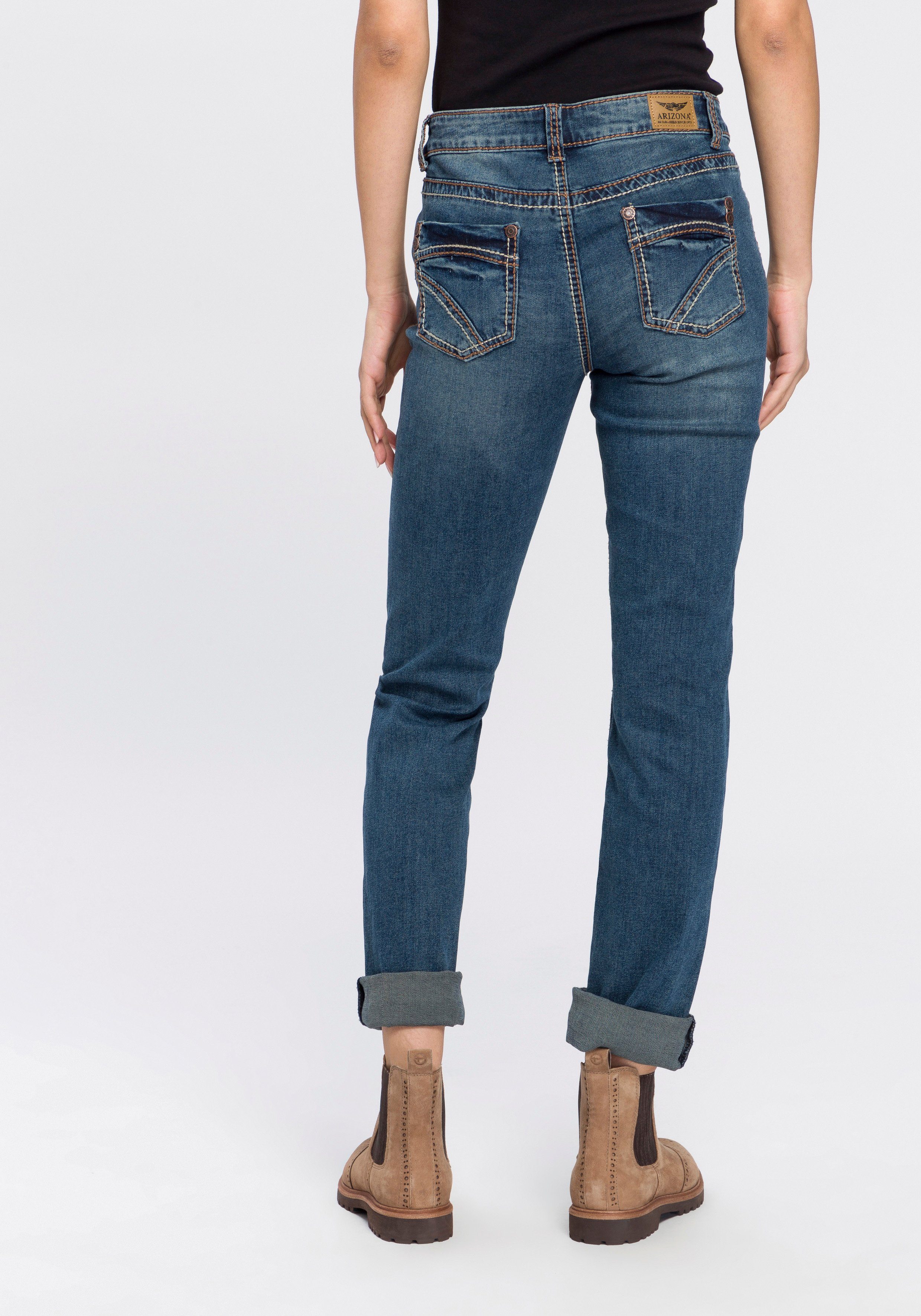 Arizona Rechte jeans Contrastnaden lage taille, in 5-pocket-vorm, used-look-wassing