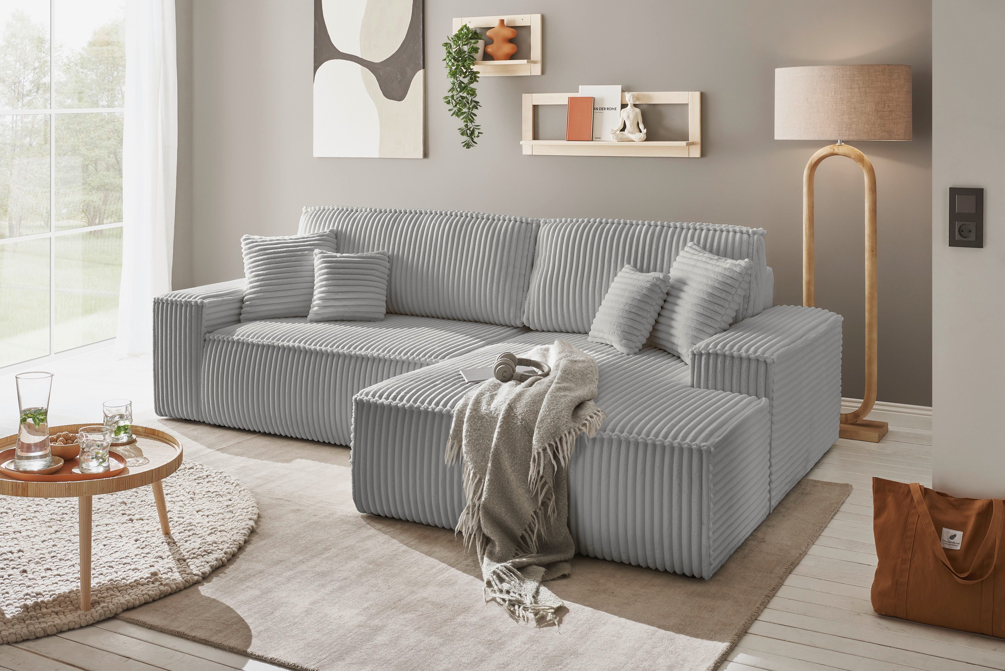 andas Hoekbank Finnley slaapbank 267 cm in Bouclé, fijne structuur en cord, L-vorm