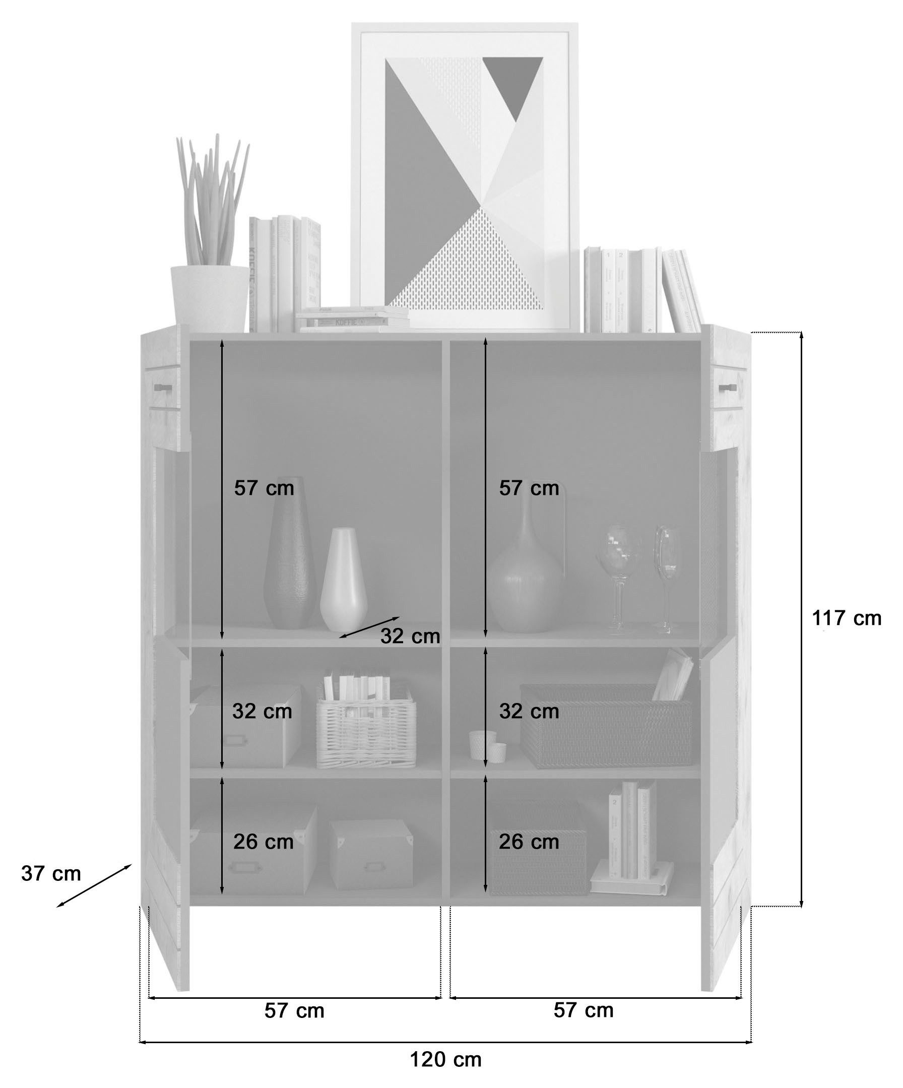 INOSIGN Highboard Aalborg, hoogte 117 cm, 2 glazen deuren, 6 vakken, 2-kleurig, metalen handgrepen