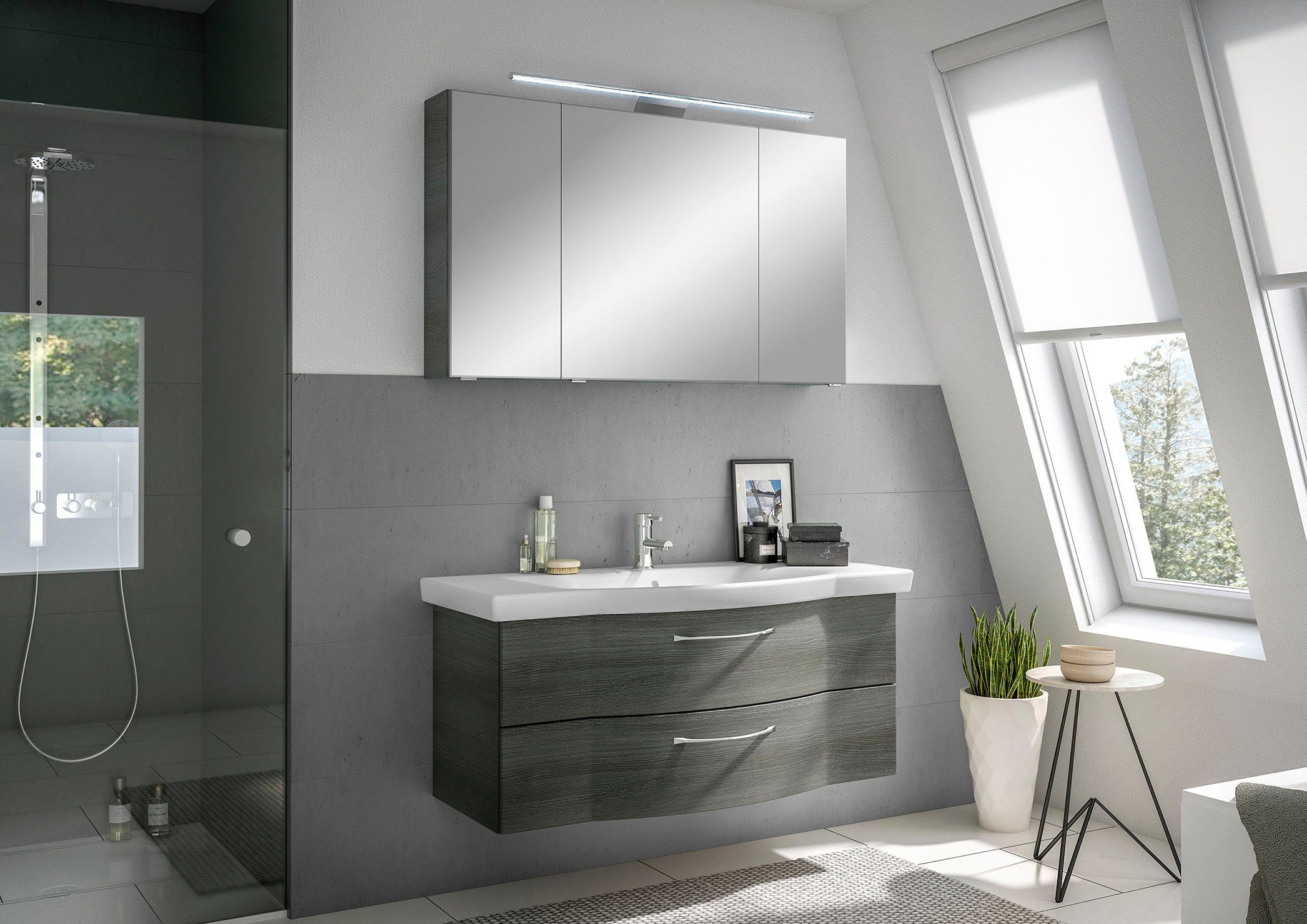 Saphir Badkamerserie 6005 sprint keramiek-wastafelonderkast met led-spiegelkast, 122 cm breed Wastafelmeubel inclusief deurdemper, 3 deuren, 2 laden, wastafelonderkast set (2-delig)