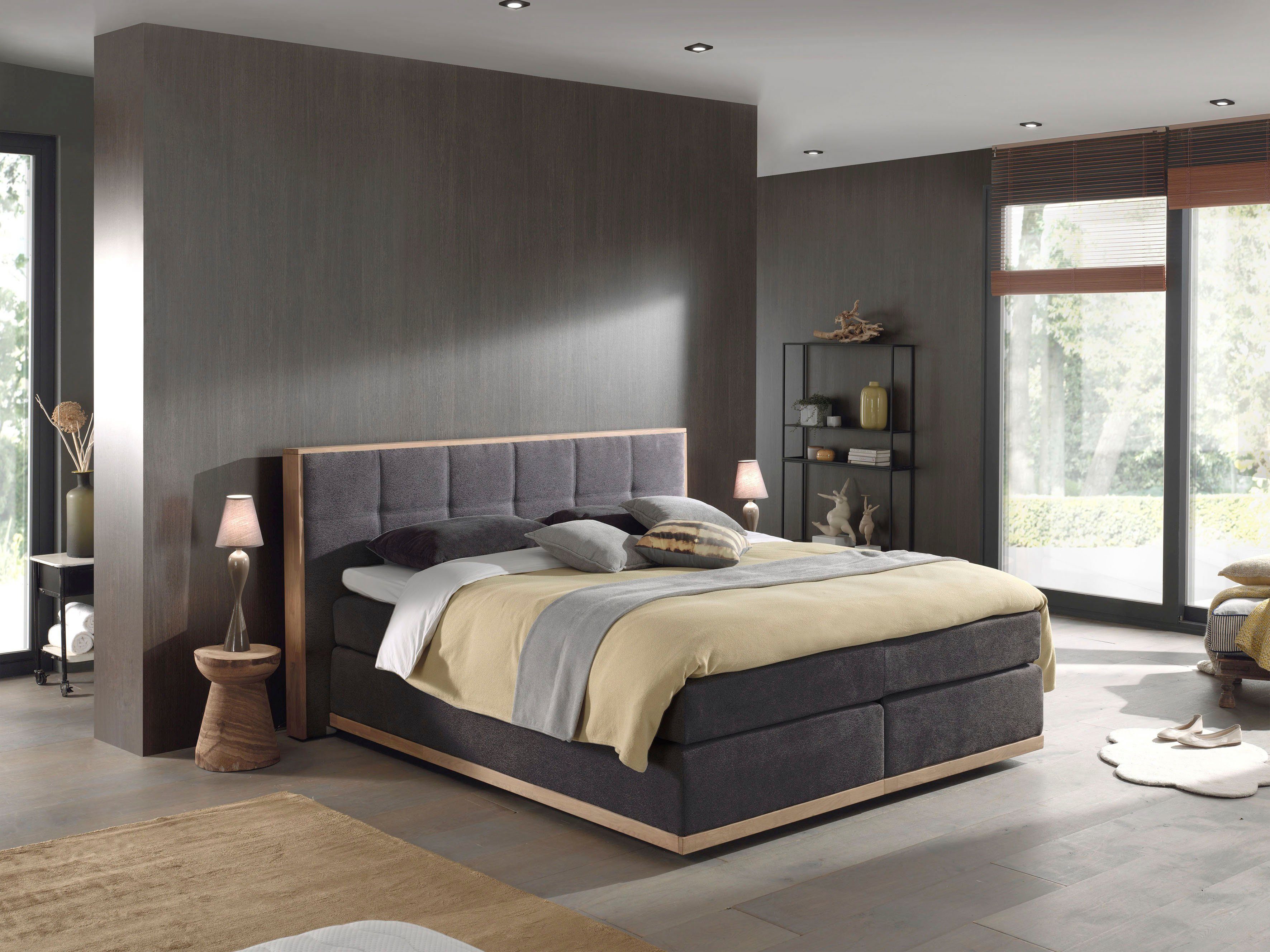 Places of Style Boxspring Vinton van massief eiken, verschillende hardheden (ook h4) (5-delig) boxsprings maat Luxe-microvezel vintage bruin