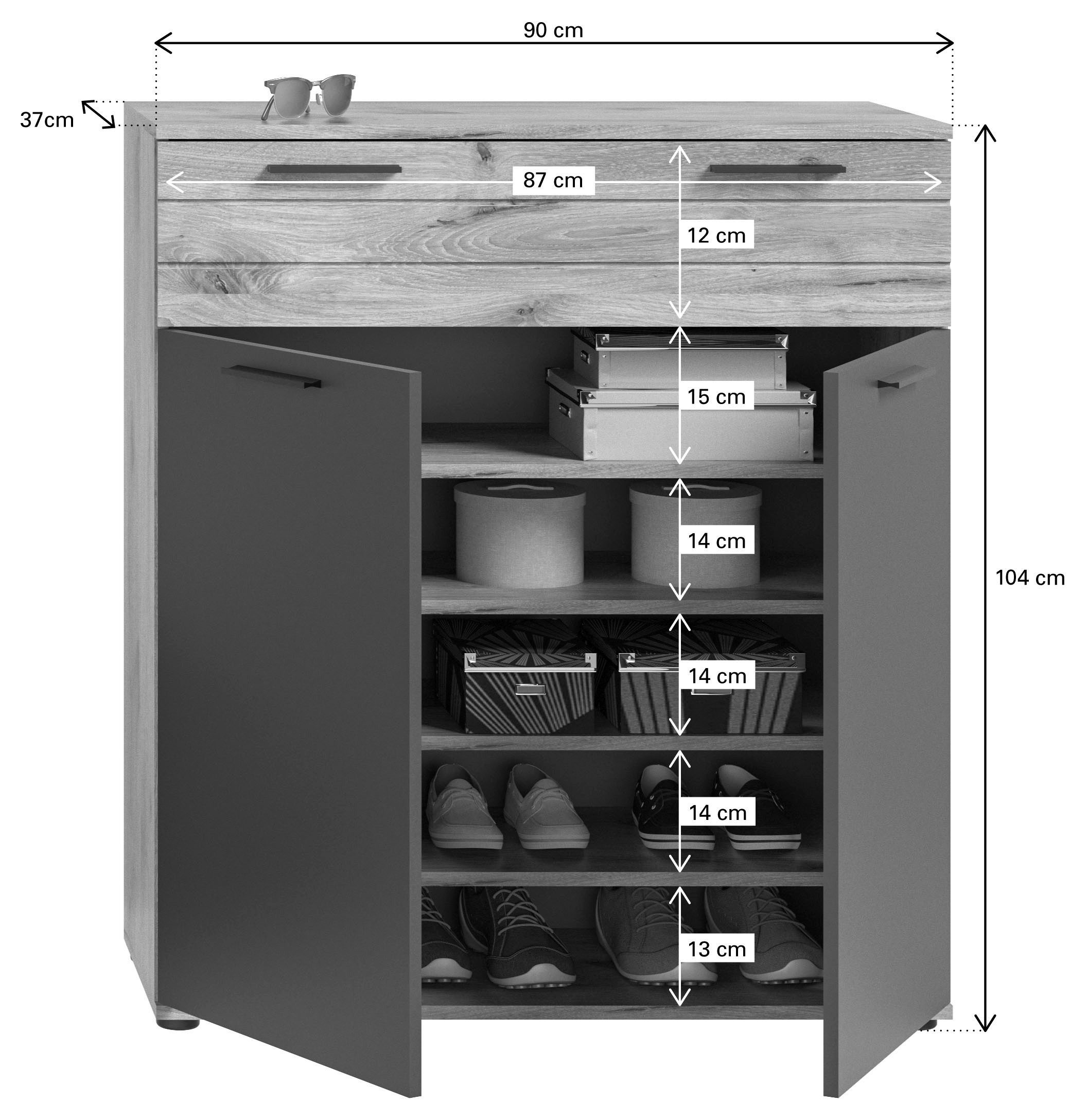 INOSIGN Schoenenkast Riga, Breedte 90 cm, 2 Deuren, 1 Lade, 4 Planken, 5 Vakken hoogwaardige groeffrezen, met softclose, commode, dressoir, kast