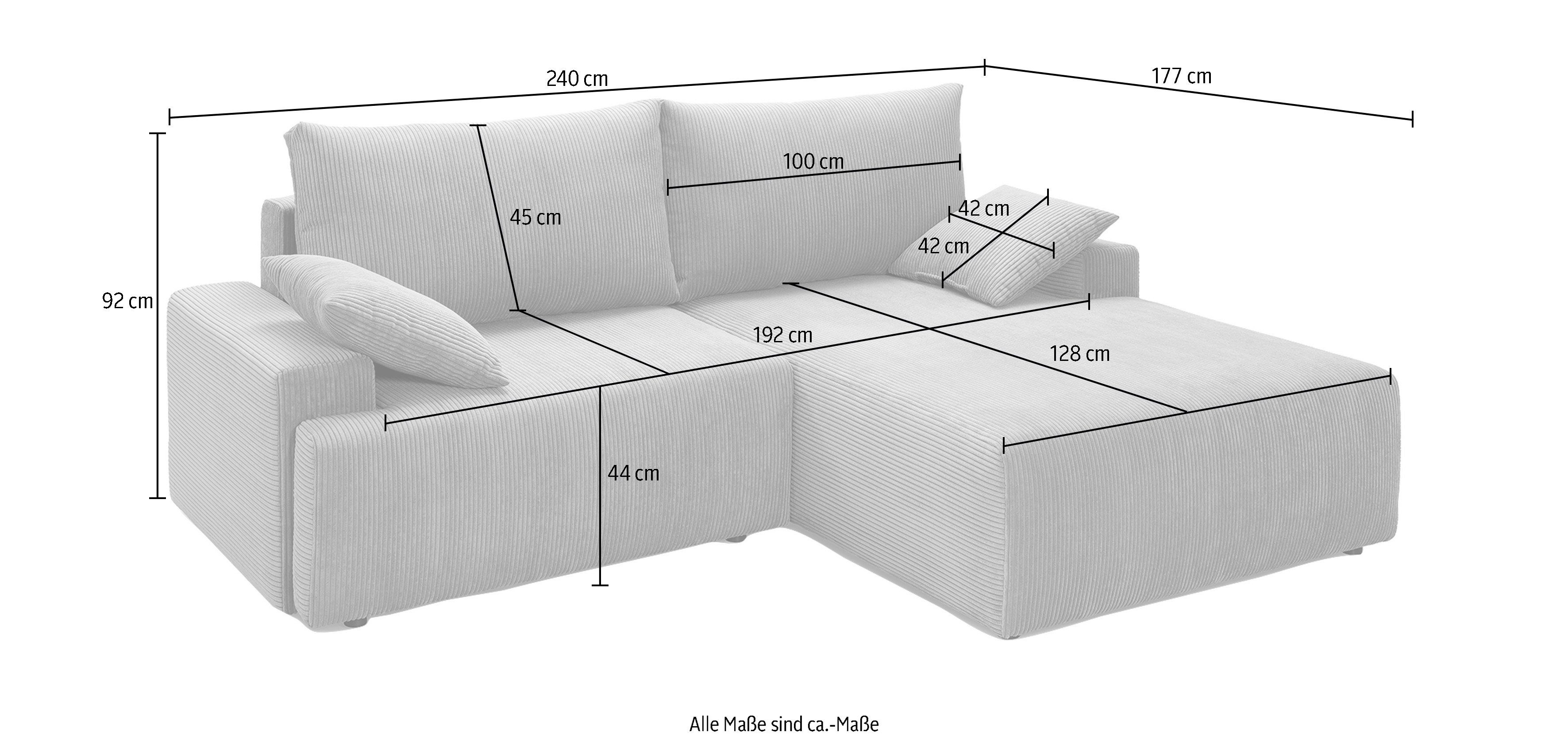 exxpo - sofa fashion Hoekbank Orinoko, actueel design en hoog zitcomfort, L-vorm inclusief bedfunctie en bedlade, mooie kleuren in trendy cord