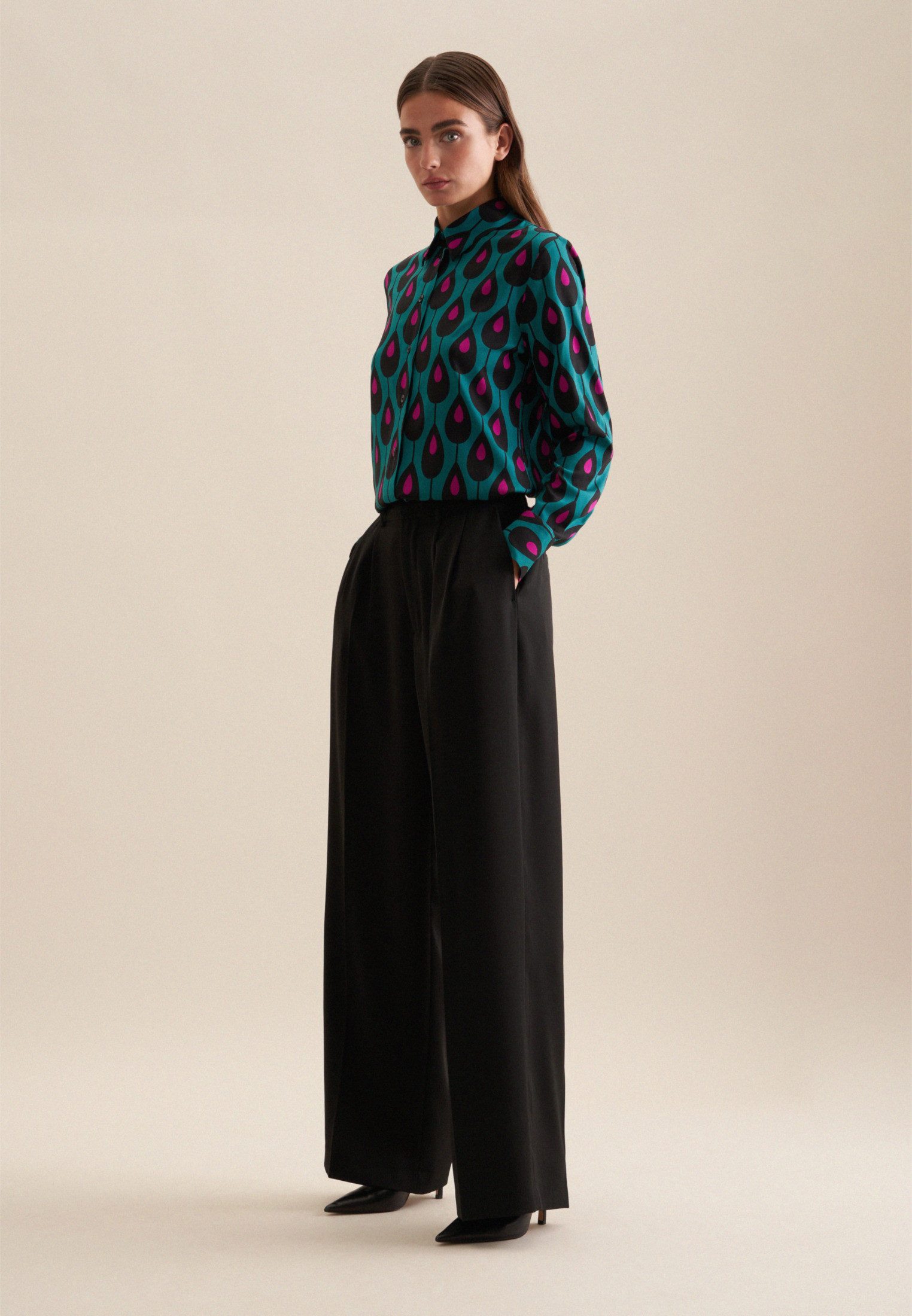 seidensticker Overhemdblouse Zwarte roos Lange mouwen kraag print