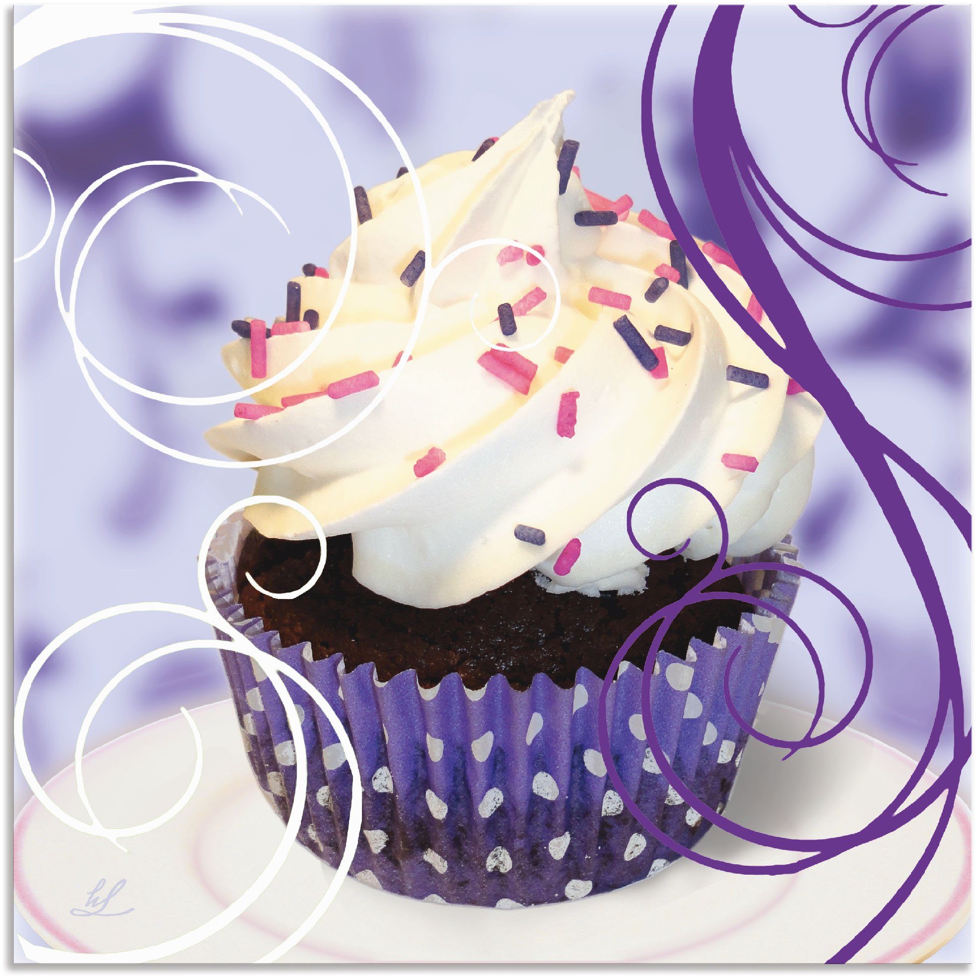 Artland Artprint Cupcake auf violett - Kuchen in vele afmetingen & productsoorten - artprint van aluminium / artprint voor buiten, artprint op linnen, poster, muursticker / wandfol