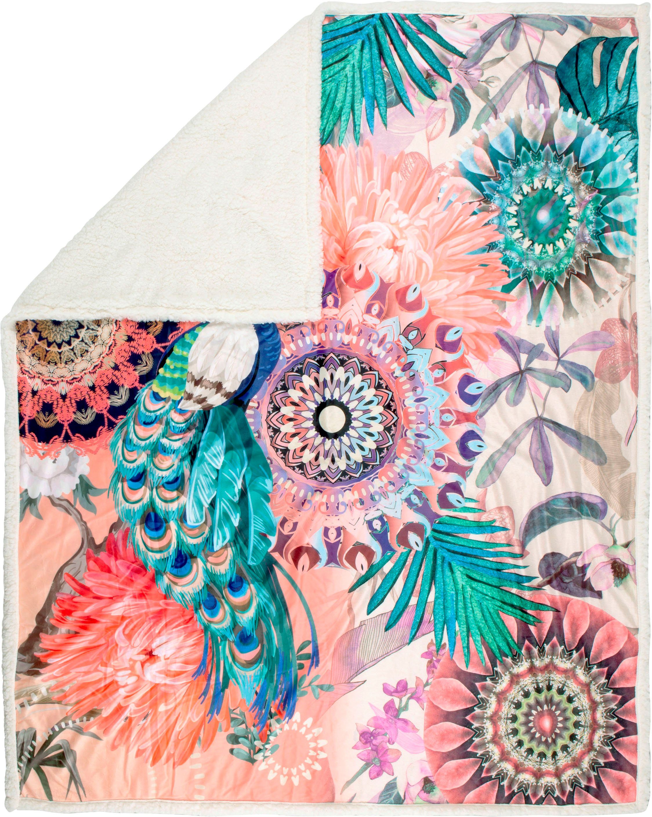 hip Plaid Ximena Zeer zacht, knuffeldeken, 130x160 cm, omkeerbaar, mandala, kleurrijk pauw