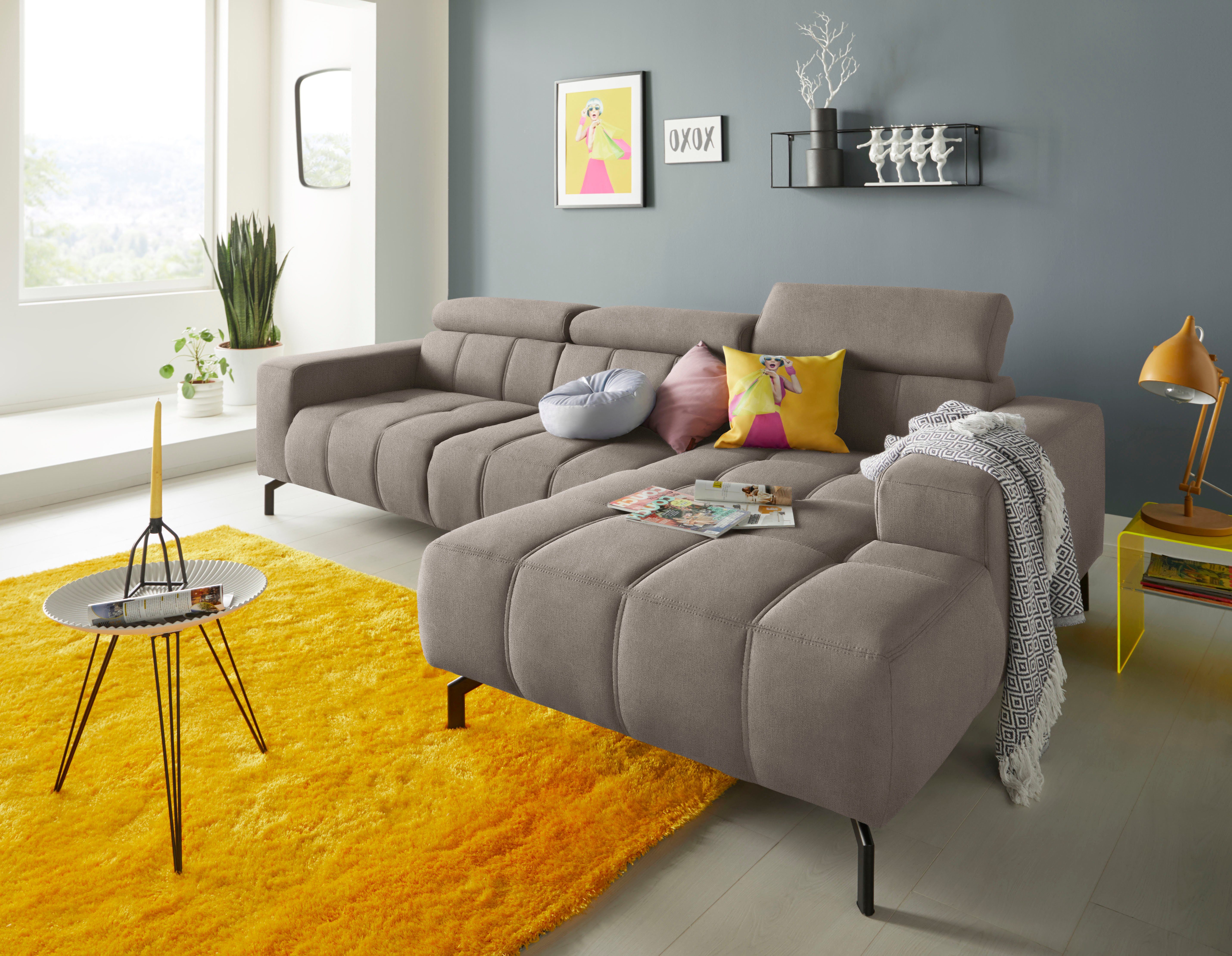 DOMO collection Hoekbank Cunelli mooie zitnaden als designelement, stevige zitcomfort, L-vorm grijs, hoekbanken, Récamier rechts, Met verstelbaar