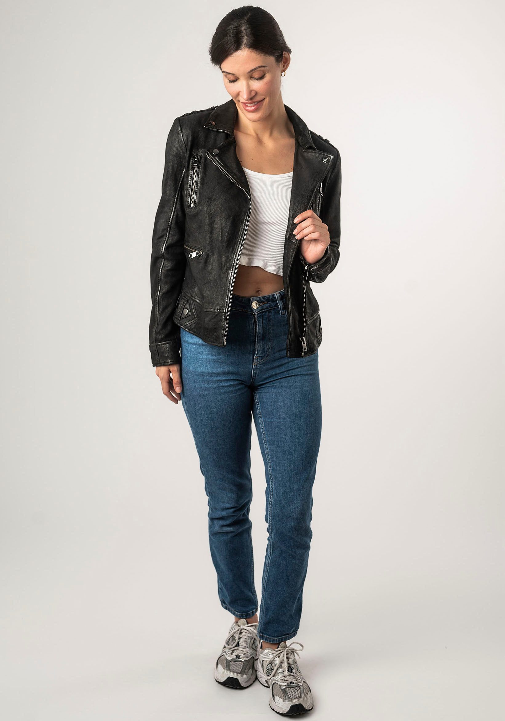 Mauritius Leren jack 2Wtashi met schouderflappen, met studs, met ritszakken