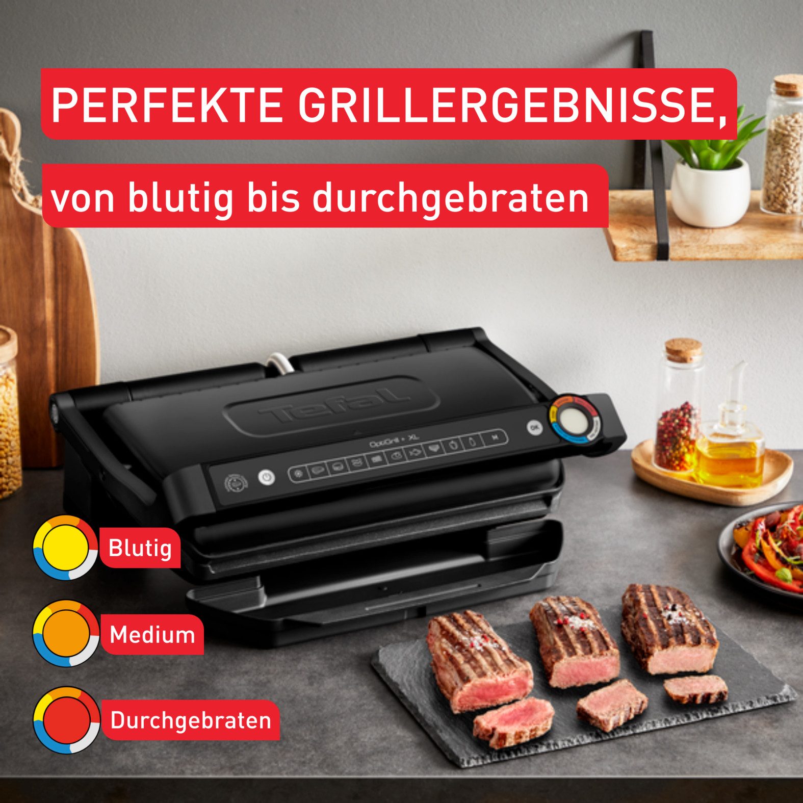 Tefal Contactgrill OptiGrill+ XL, erneuerte Kochstufenanzeige, 9 automatische Programme vernieuwde kookniveau-indicator, 9 automatische programma's + handmatig programma