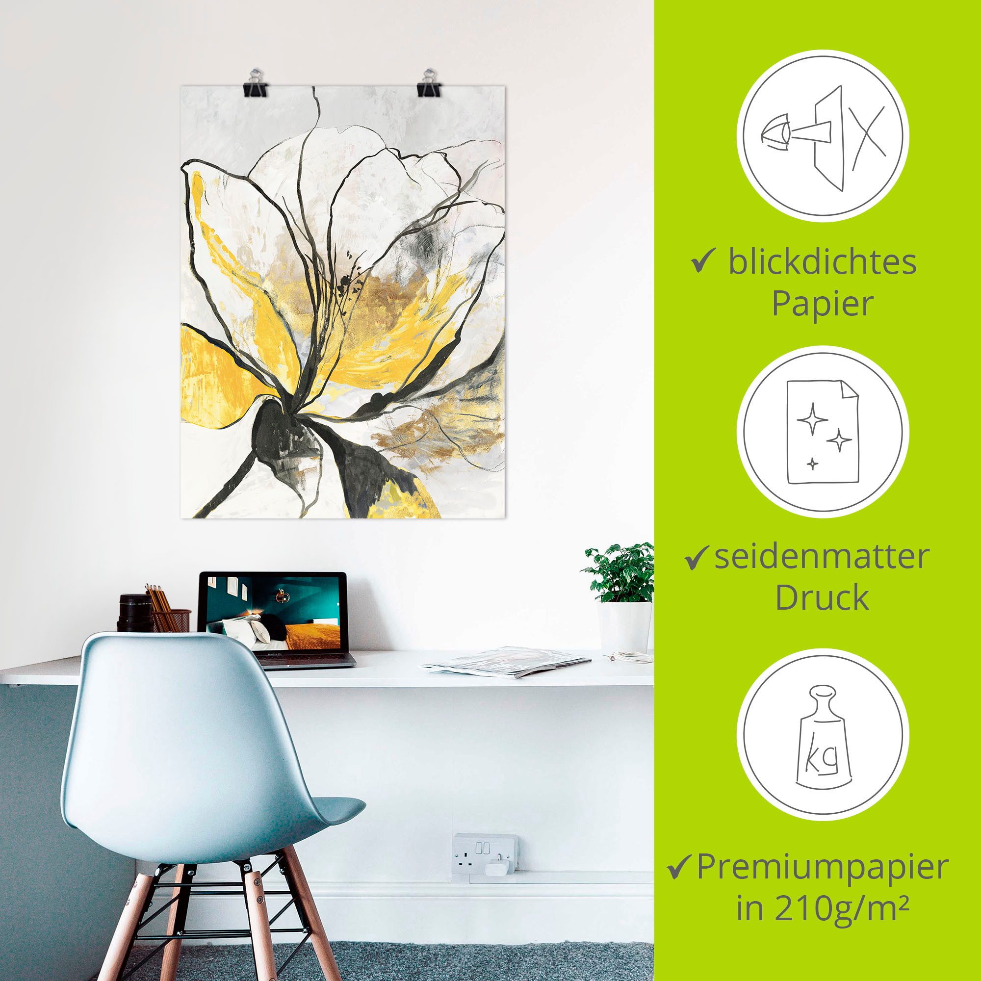 Artland Artprint Geschetst bloemdessin I gele versie als artprint van aluminium, artprint voor buiten, artprint op linnen, poster, muursticker