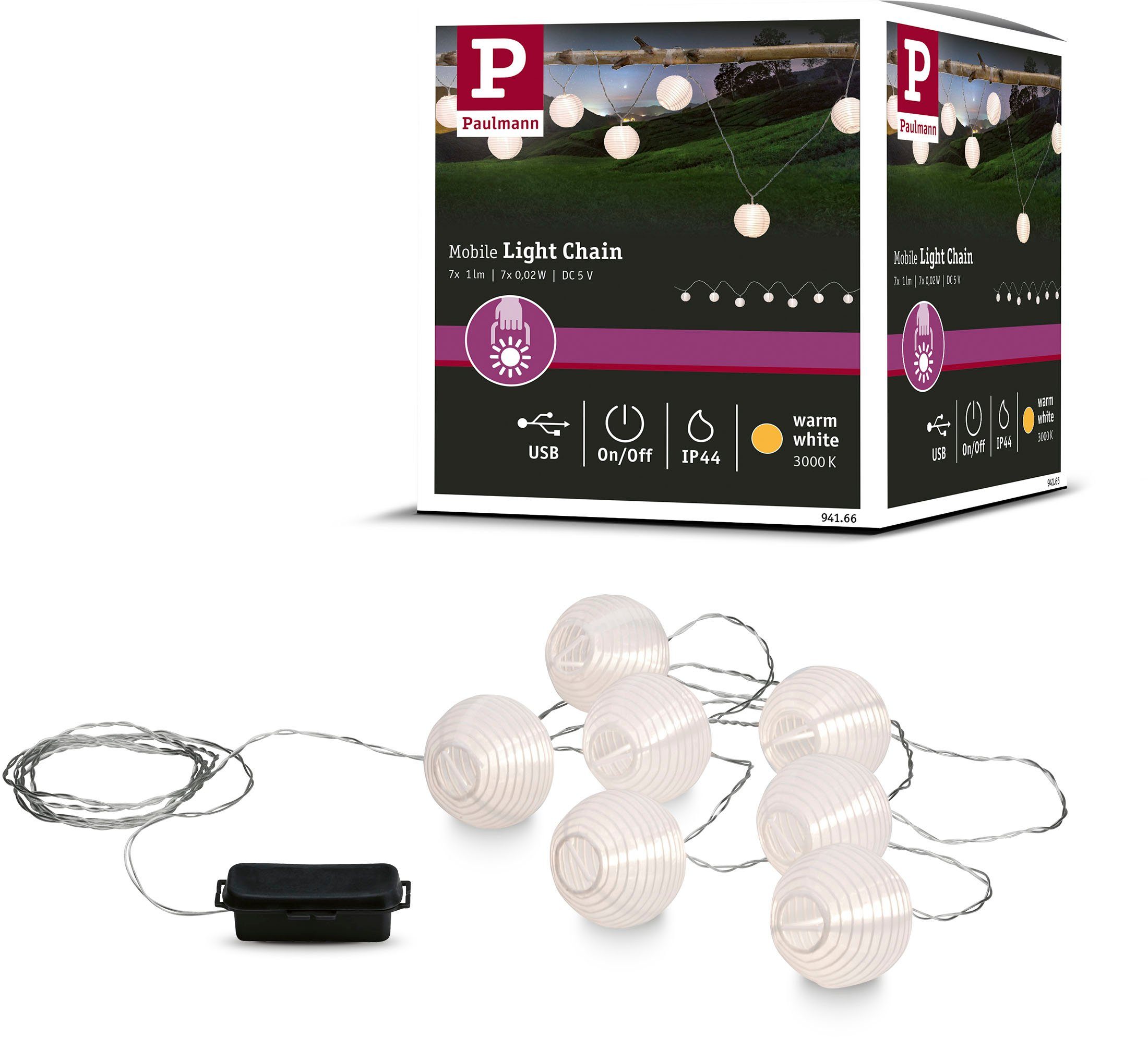 Paulmann Lichtsnoer Buiten Mobiele Lampionketting IP44 3000K 7x1lm 5V oplaadbaar met USB (1 stuk)