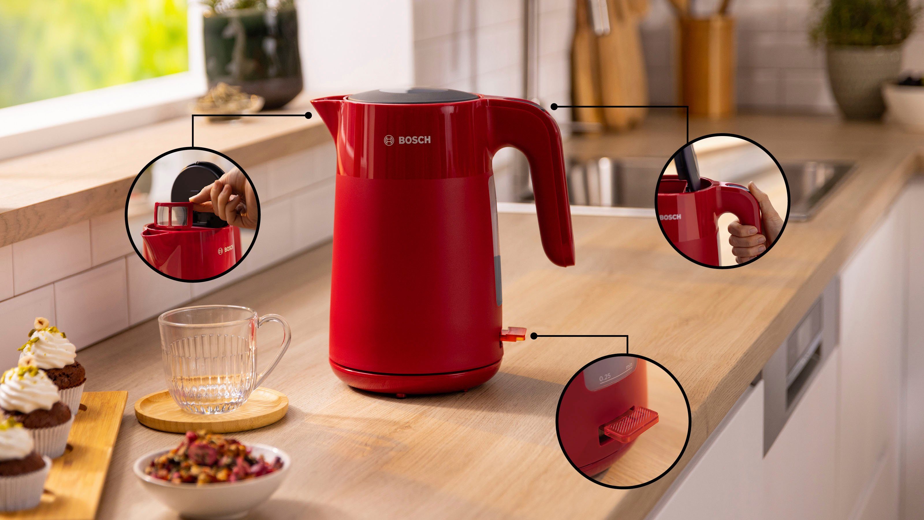 BOSCH Waterkoker TWK2M164, 1,7 l, Automatische uitschakeling, weergave aantal kopjes, mat rood