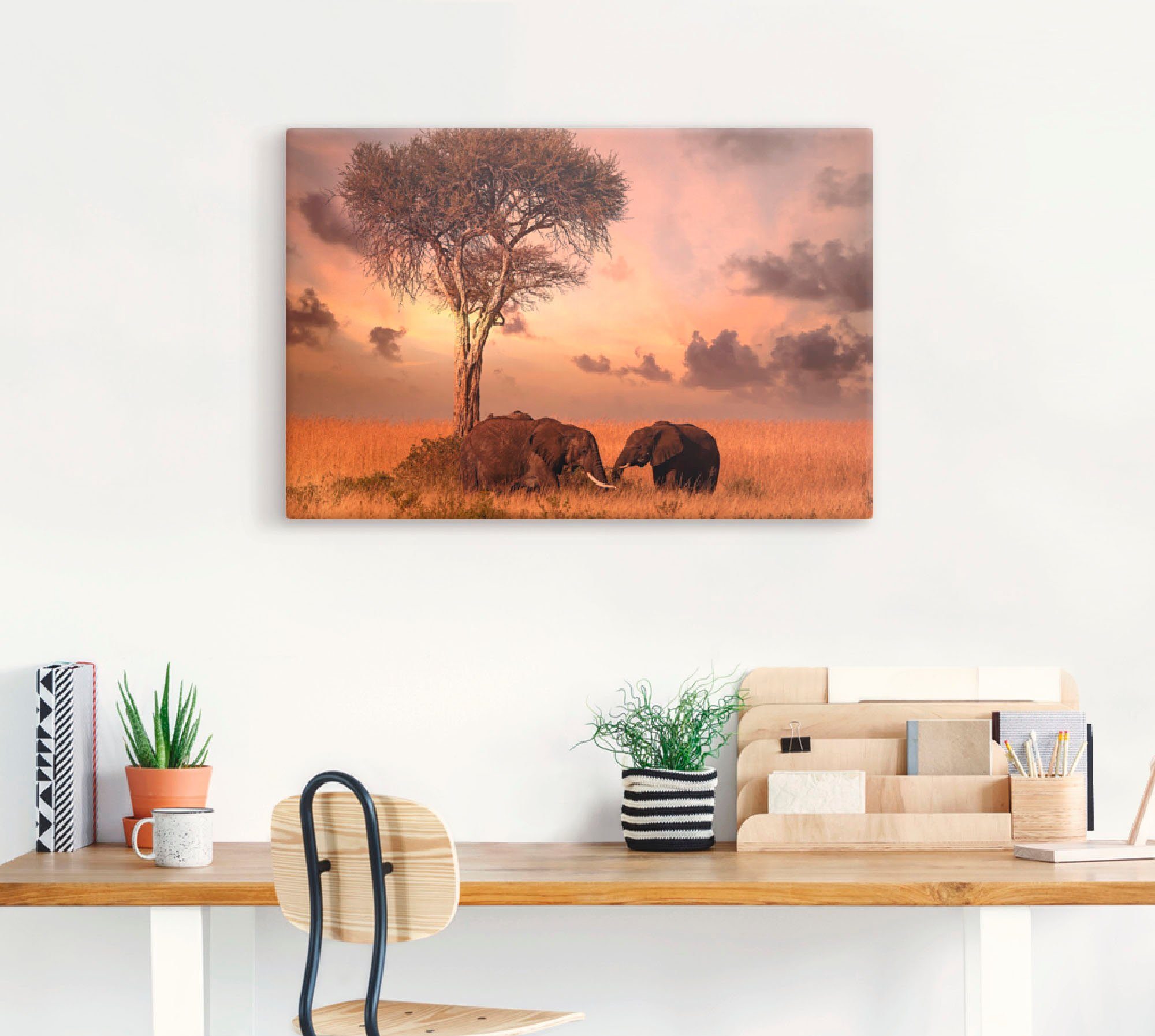 Artland Artprint Olifanten bij het avondeten als artprint op linnen, muursticker in verschillende maten