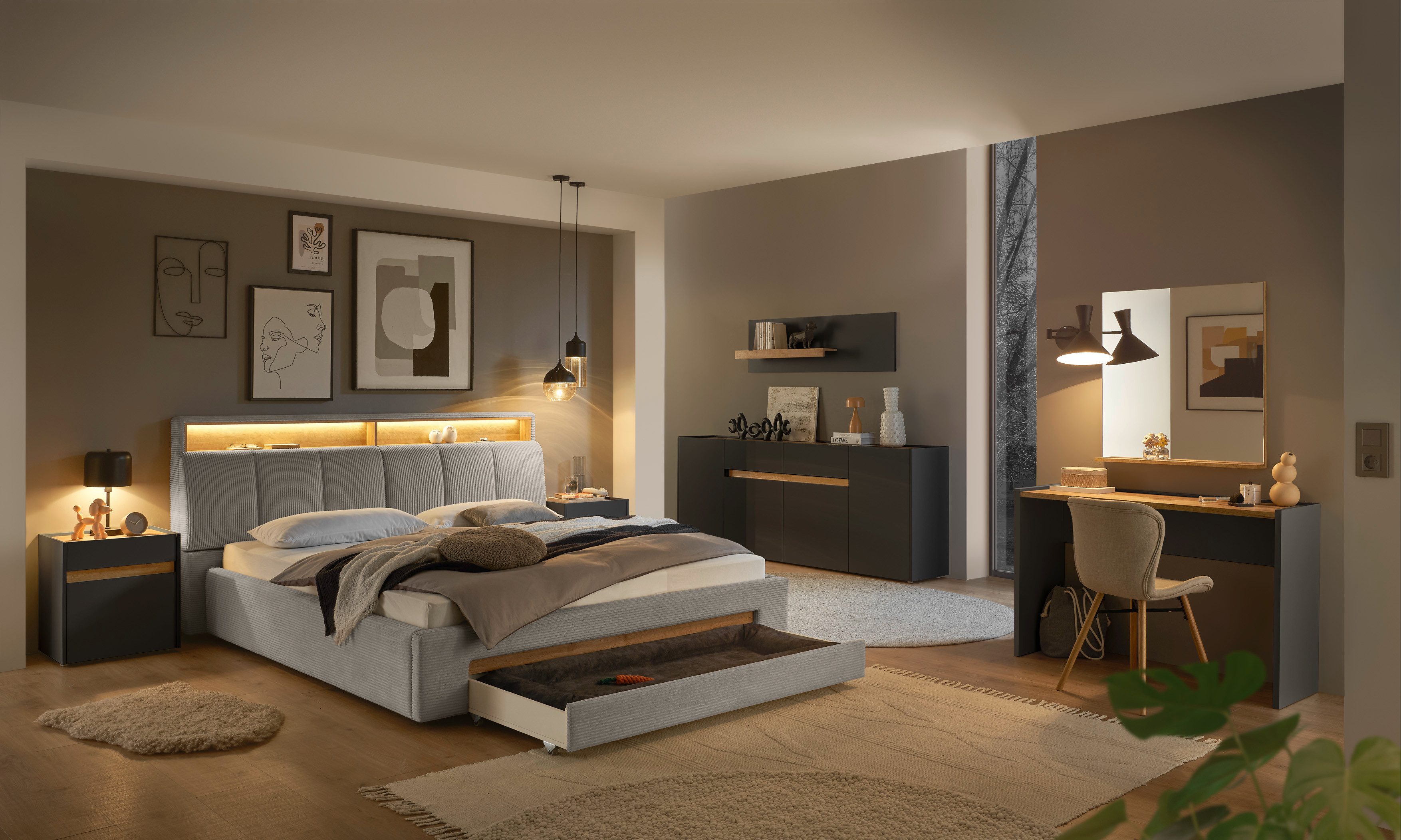 INOSIGN Gestoffeerd bed CiTY/GiRON,, gepolsterd opbergbed, met LED-verlichting Bedkisten met hondenbed of als opbergruimte, opklapbare hoofdeinden