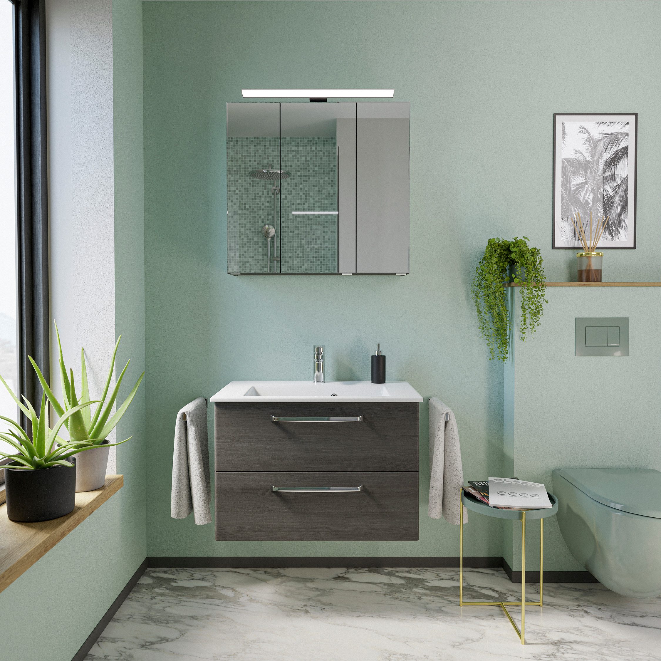 Saphir Badmeubelset Trentino 2-delig mineralen marmer wasbak, spiegelkast met LED-lamp (3 stuks)