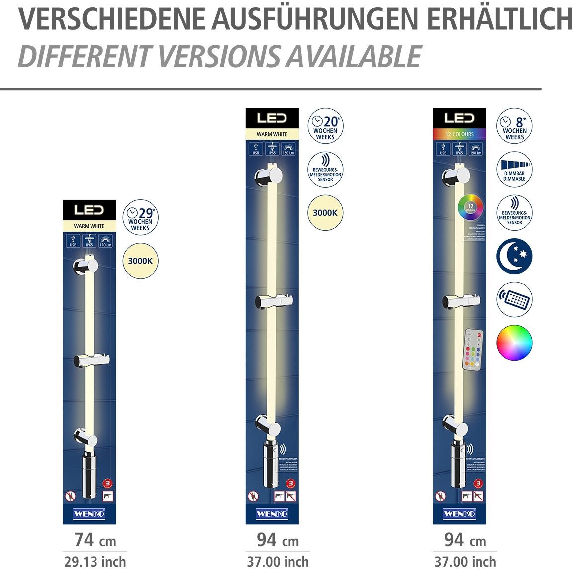 WENKO Douchestang met ledverlichting RGB-kleurwisseling en warmwit, inclusief oplaadbare eenheid