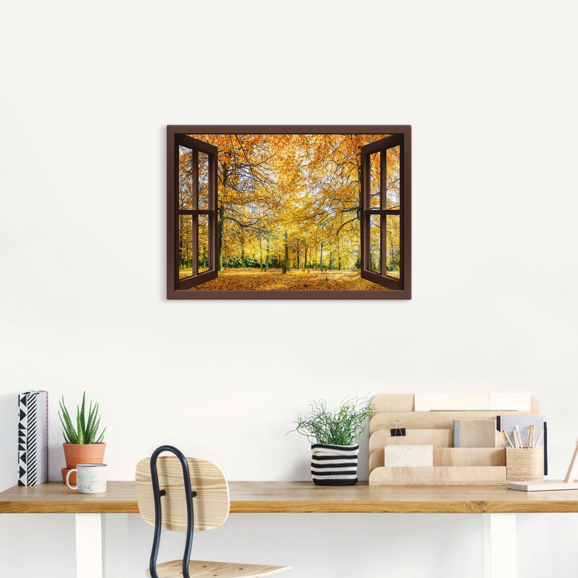 Artland Artprint Blik uit het venster - herfstbos panorama als artprint op linnen, poster, muursticker in verschillende maten