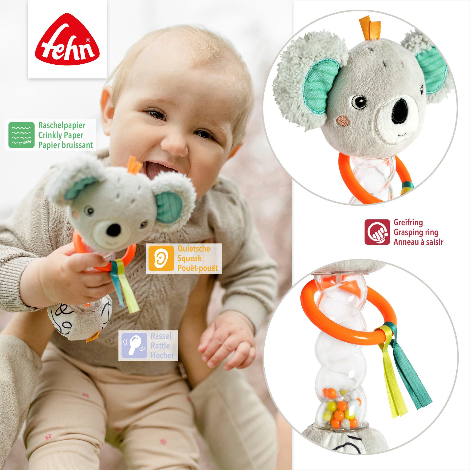 Fehn Grijpspeeltje DoBabyDoo, rammelaar, regenmaker koala