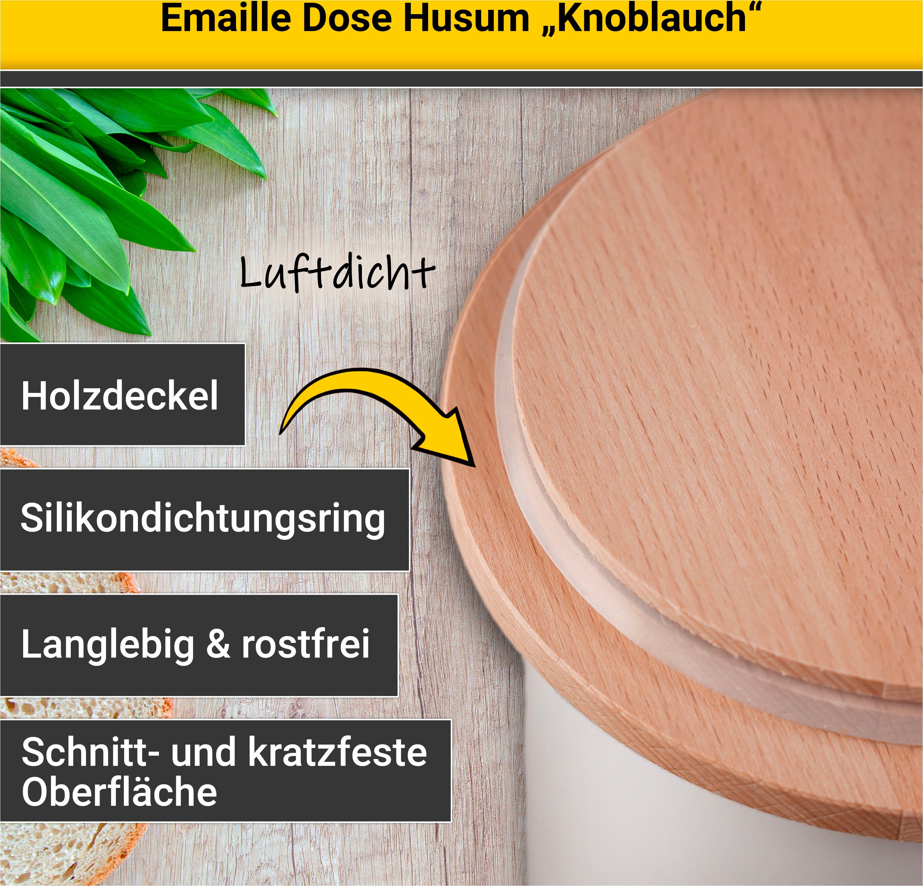 Krüger Voorraadbus Emaille voorraadbus Husum voor knoflook met houten deksel, 10 cm (1-delig)