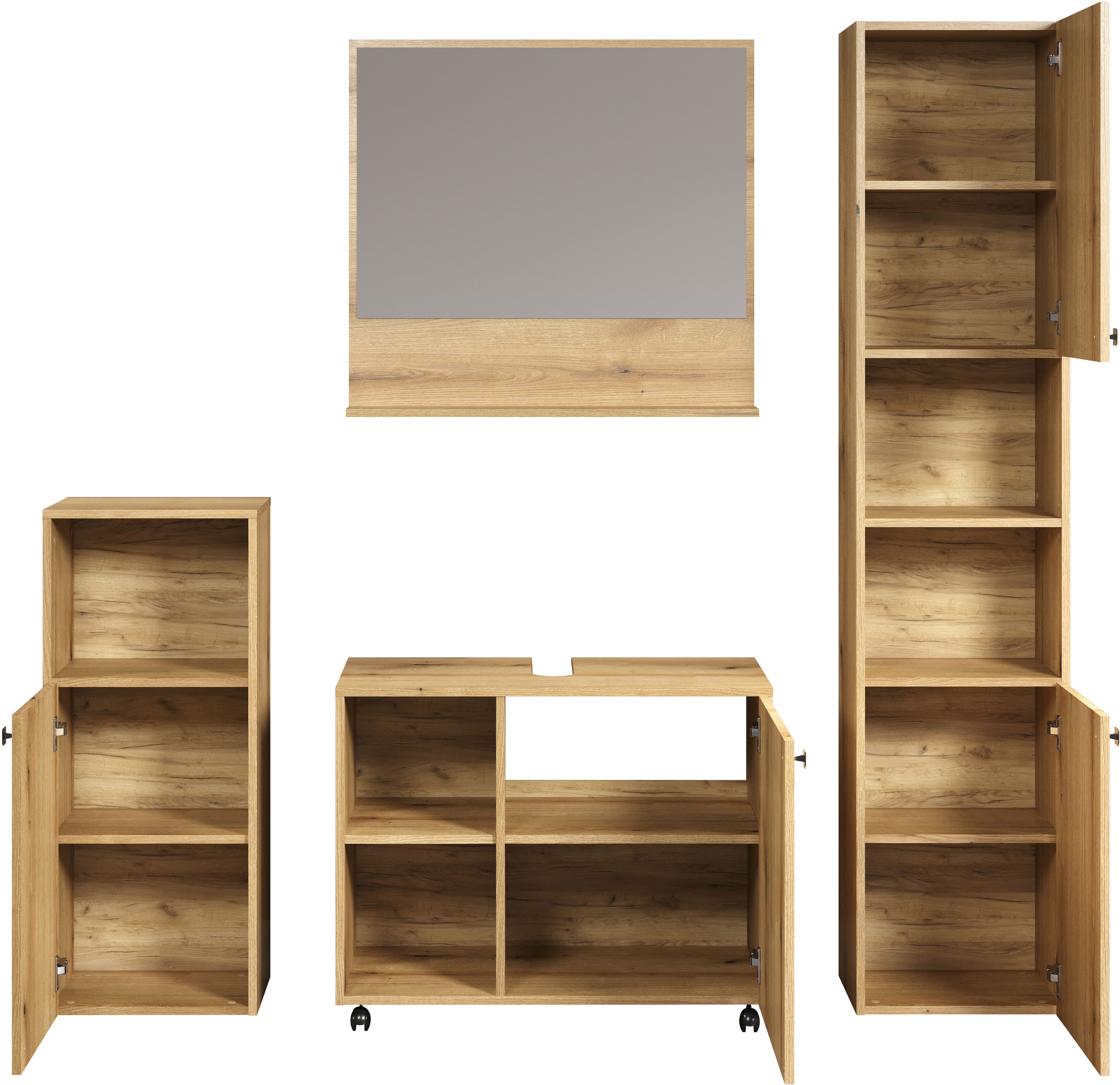 welltime Badmeubelset Amrum wastafelonderkast spiegel hoge kast badkamerkast Badkamermeubels met groeflook - Wasbakonderkast op wielen (complete set, 4 stuks)