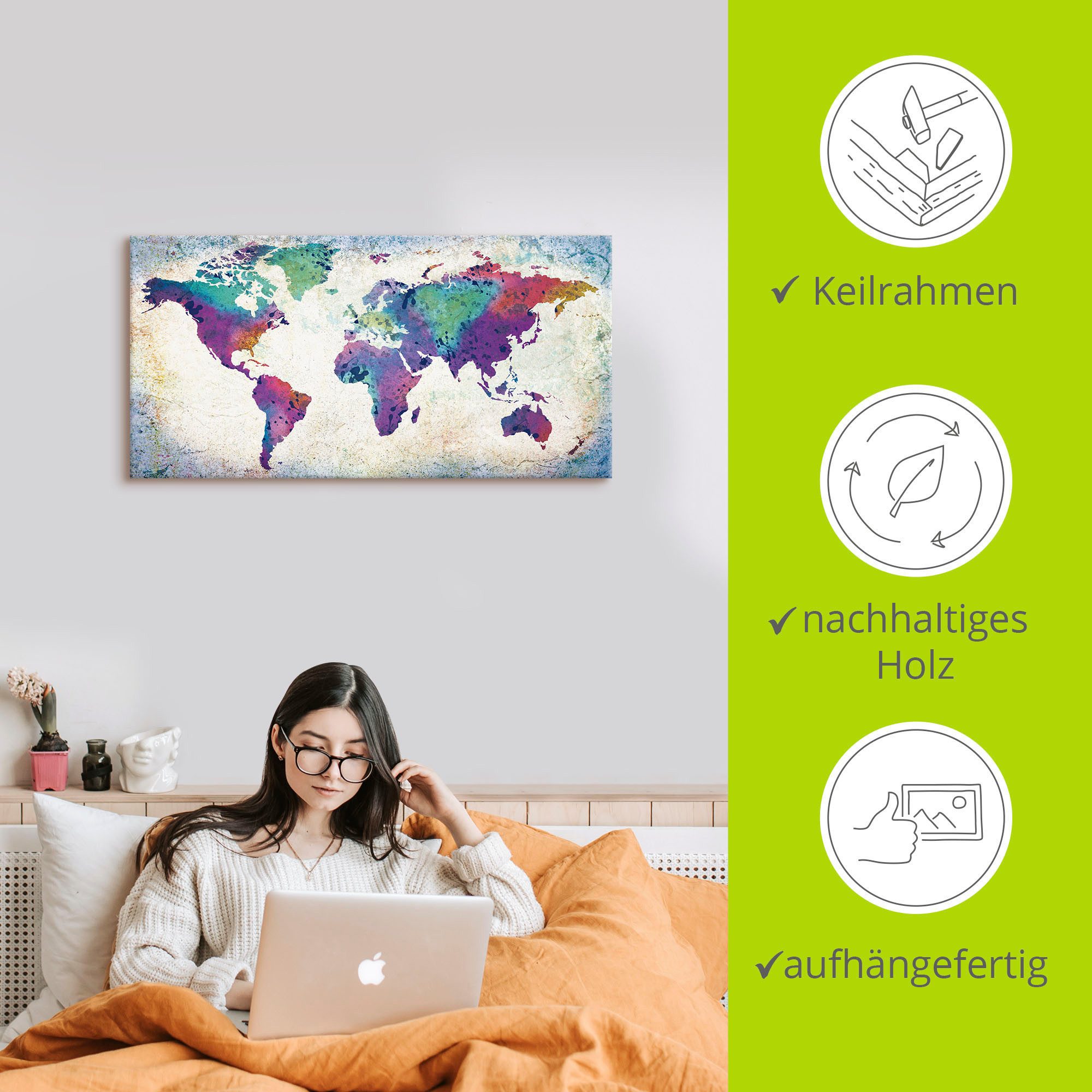 Artland Artprint Veelkleurige wereldkaart als artprint van aluminium, artprint voor buiten, artprint op linnen, poster, muursticker